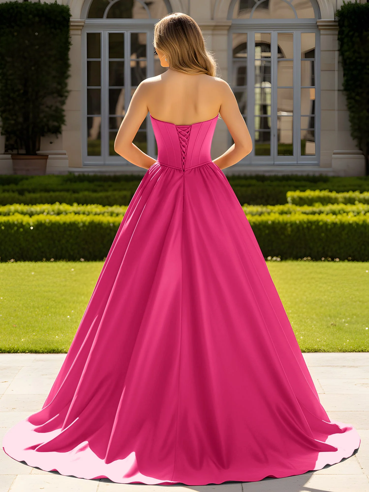 Trägerlos Satin Ballkleid mit Kristall Bustier Detail Fuchsia - Image 2