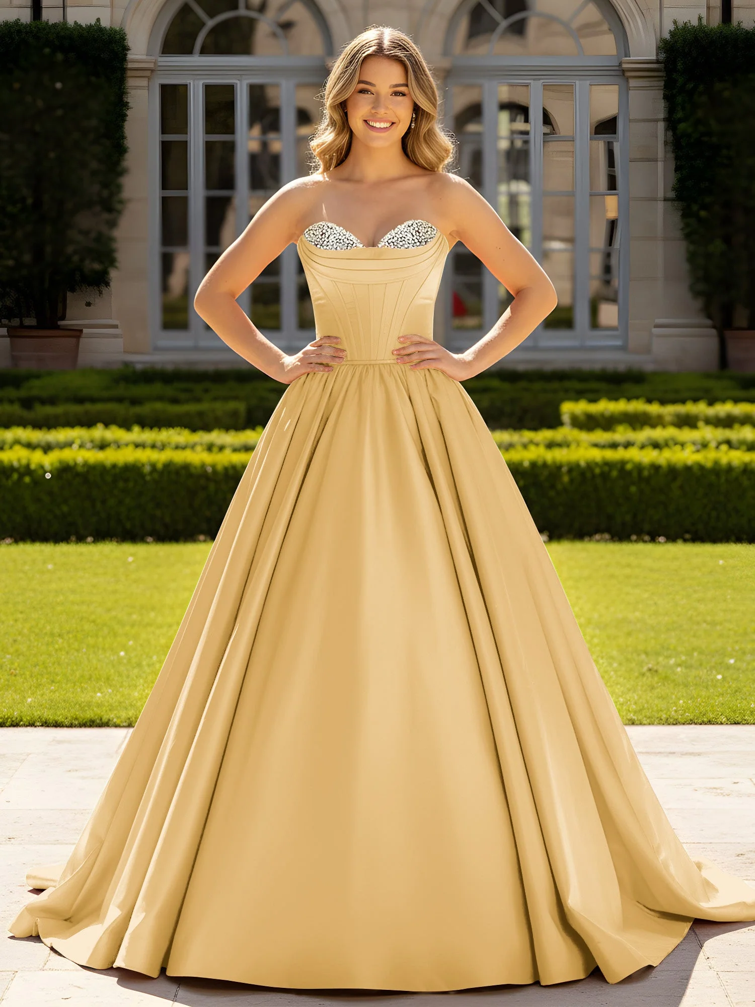 Trägerlos Satin Ballkleid mit Kristall Bustier Detail Gold