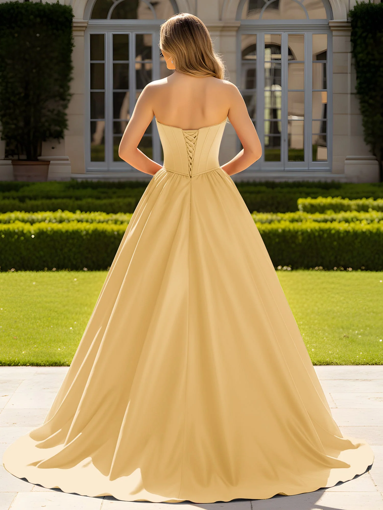 Trägerlos Satin Ballkleid mit Kristall Bustier Detail Gold - Image 2
