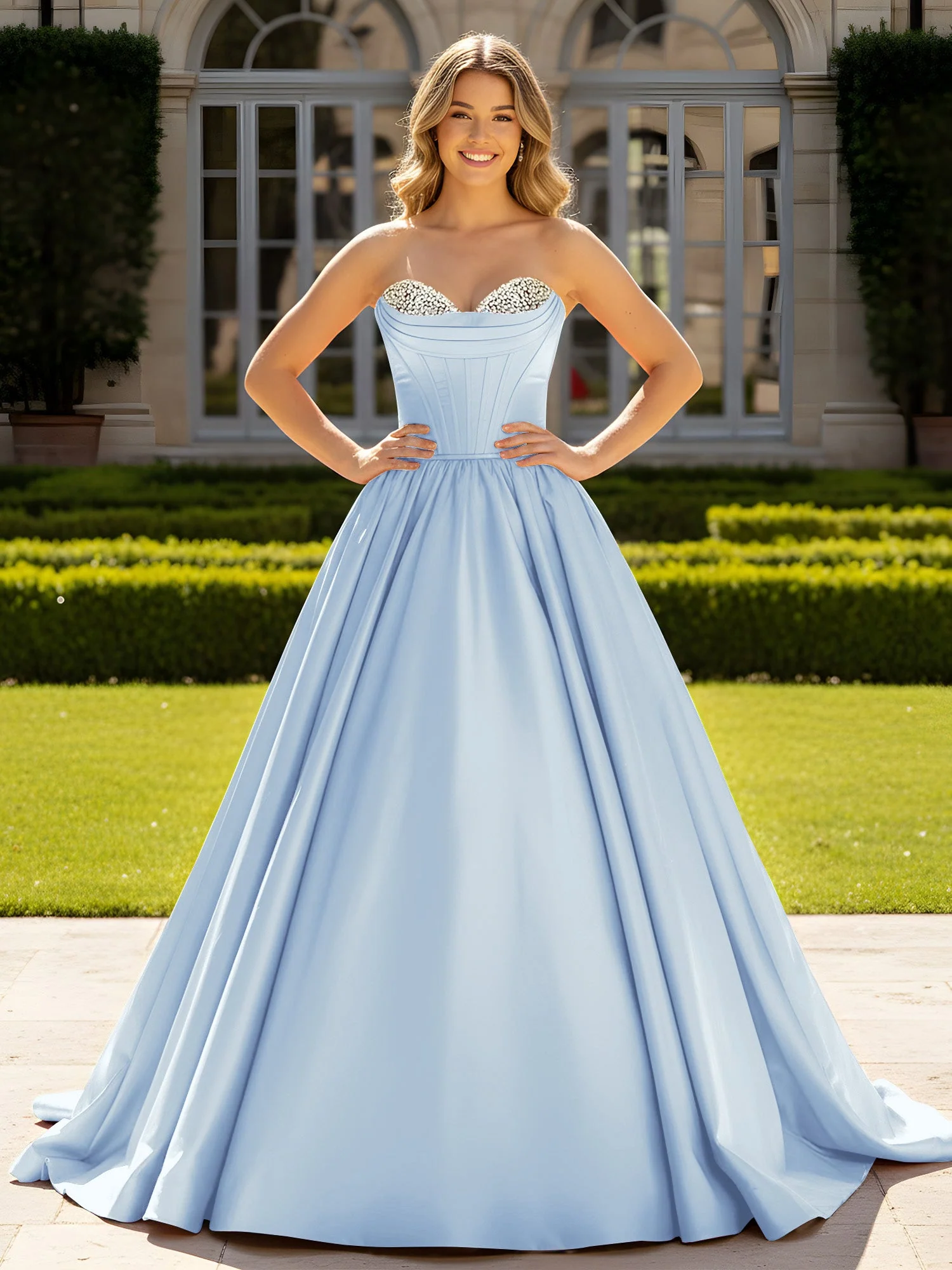 Trägerlos Satin Ballkleid mit Kristall Bustier Detail Himmelblau