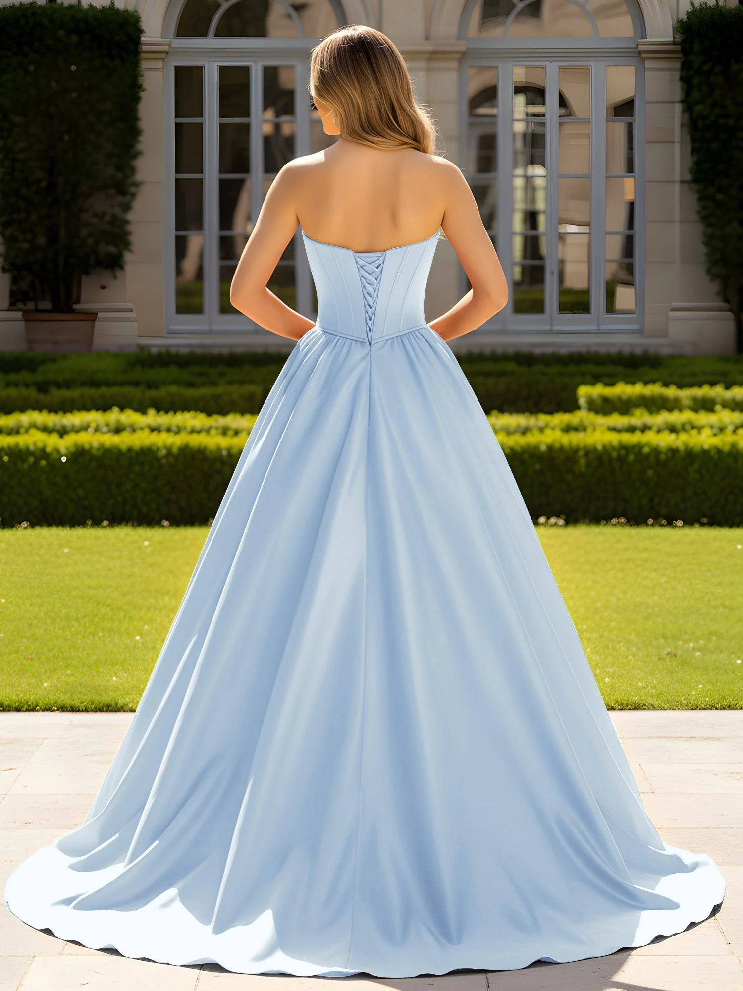 Trägerlos Satin Ballkleid mit Kristall Bustier Detail Himmelblau - Image 2