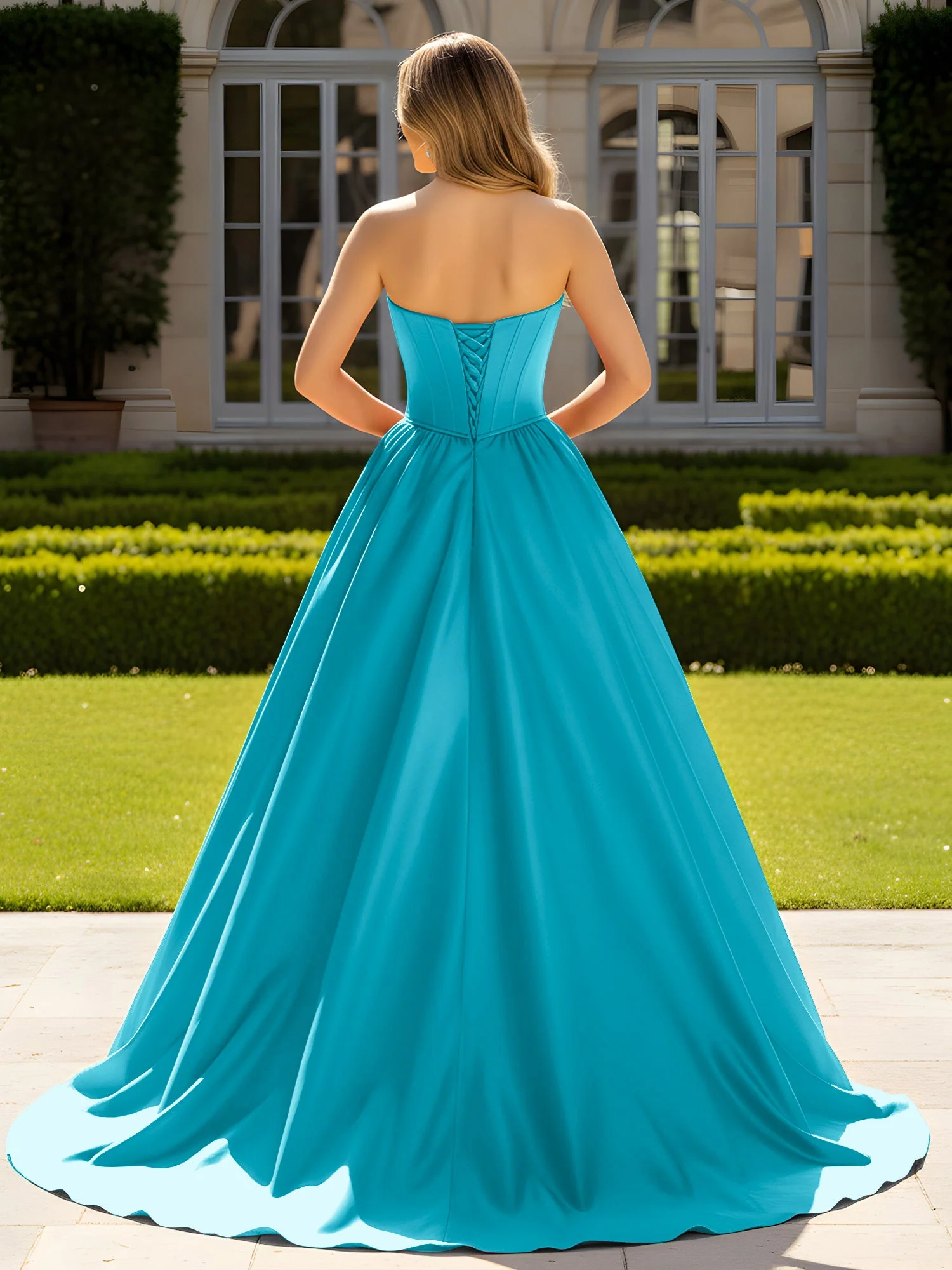 Trägerlos Satin Ballkleid mit Kristall Bustier Detail Jade - Image 2