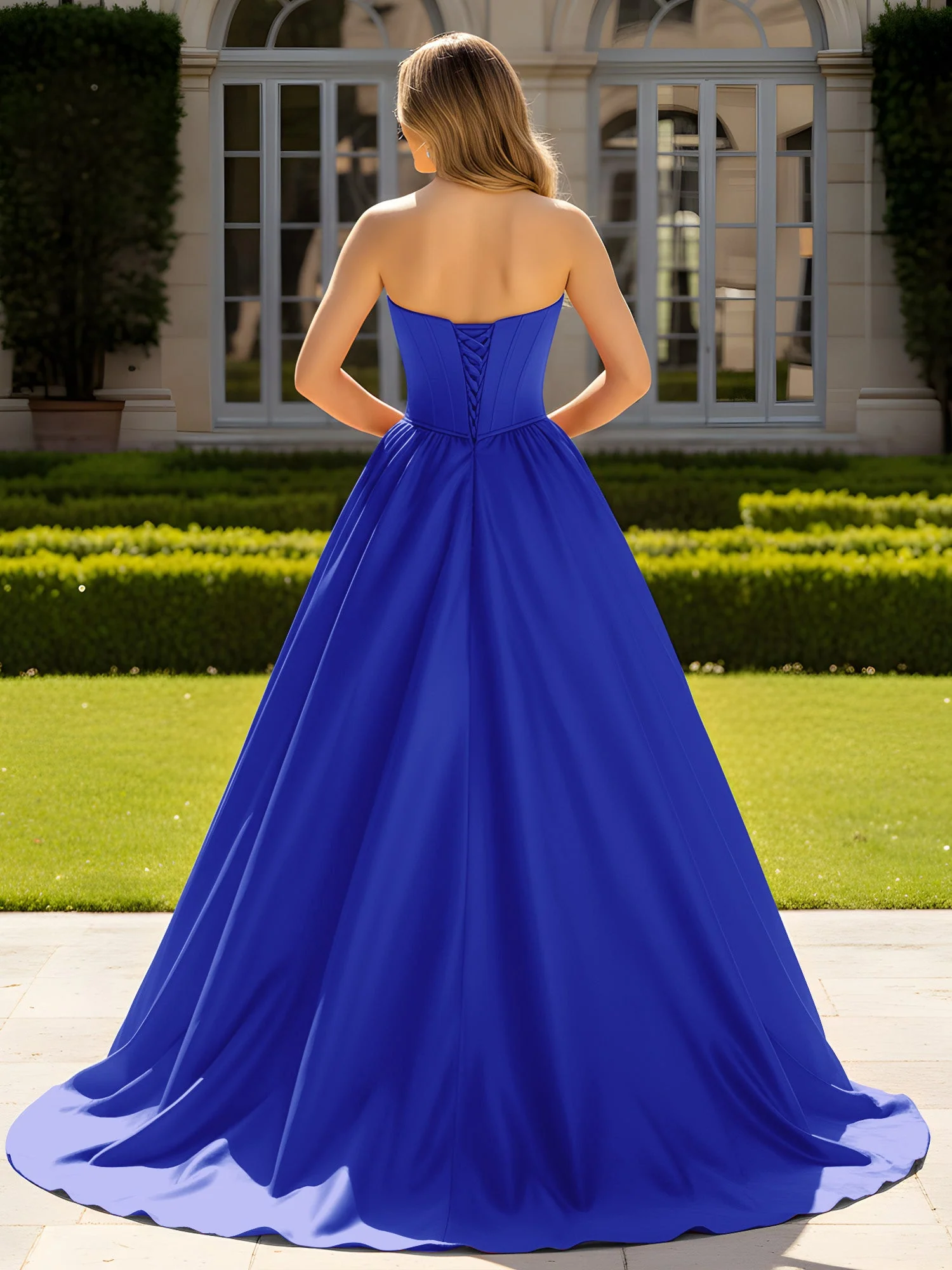 Trägerlos Satin Ballkleid mit Kristall Bustier Detail Königsblau - Image 2