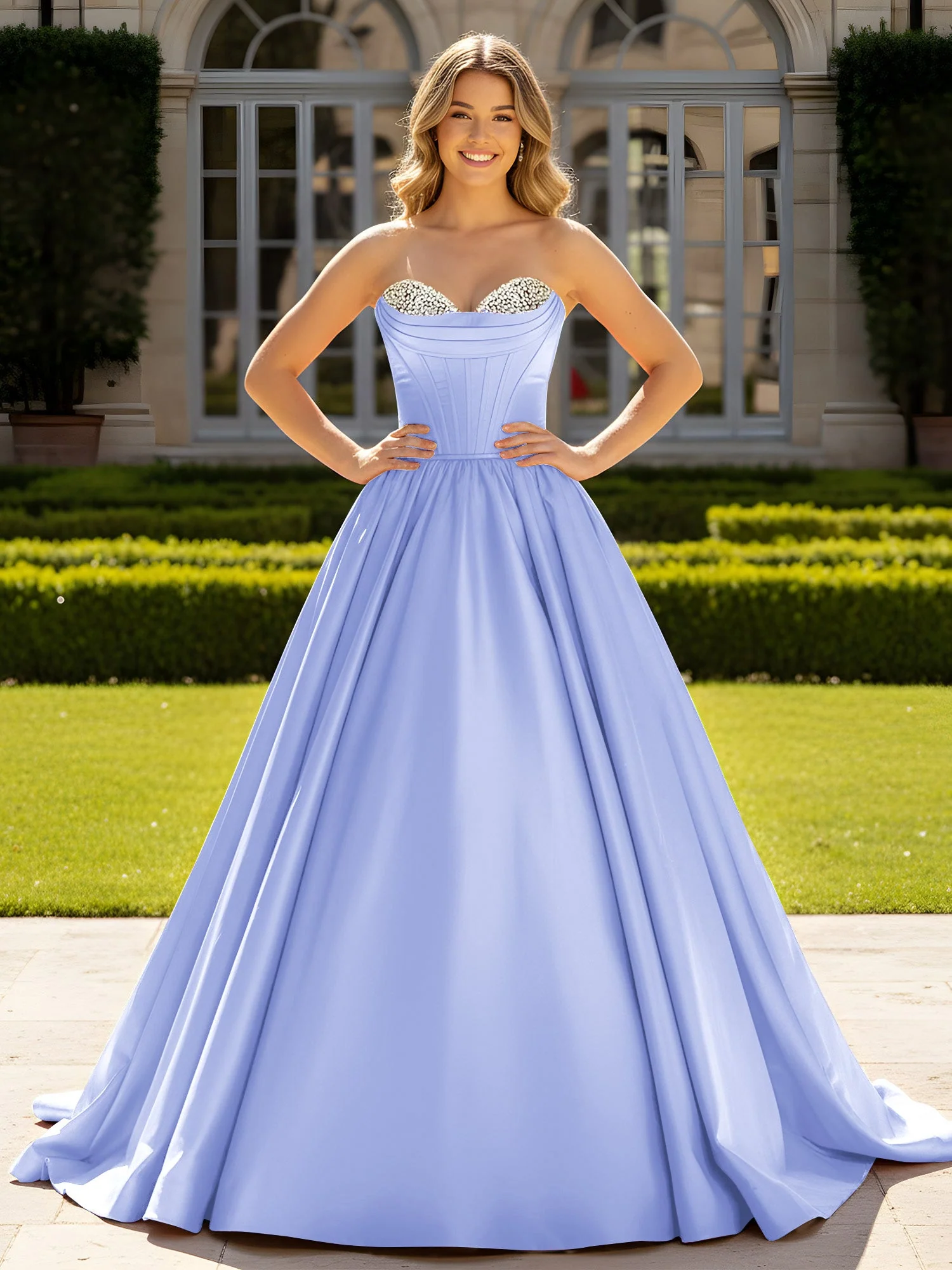 Trägerlos Satin Ballkleid mit Kristall Bustier Detail Lavendel