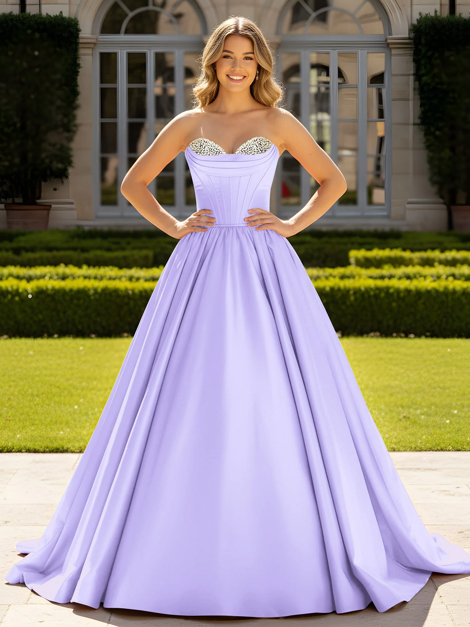 Trägerlos Satin Ballkleid mit Kristall Bustier Detail Lila