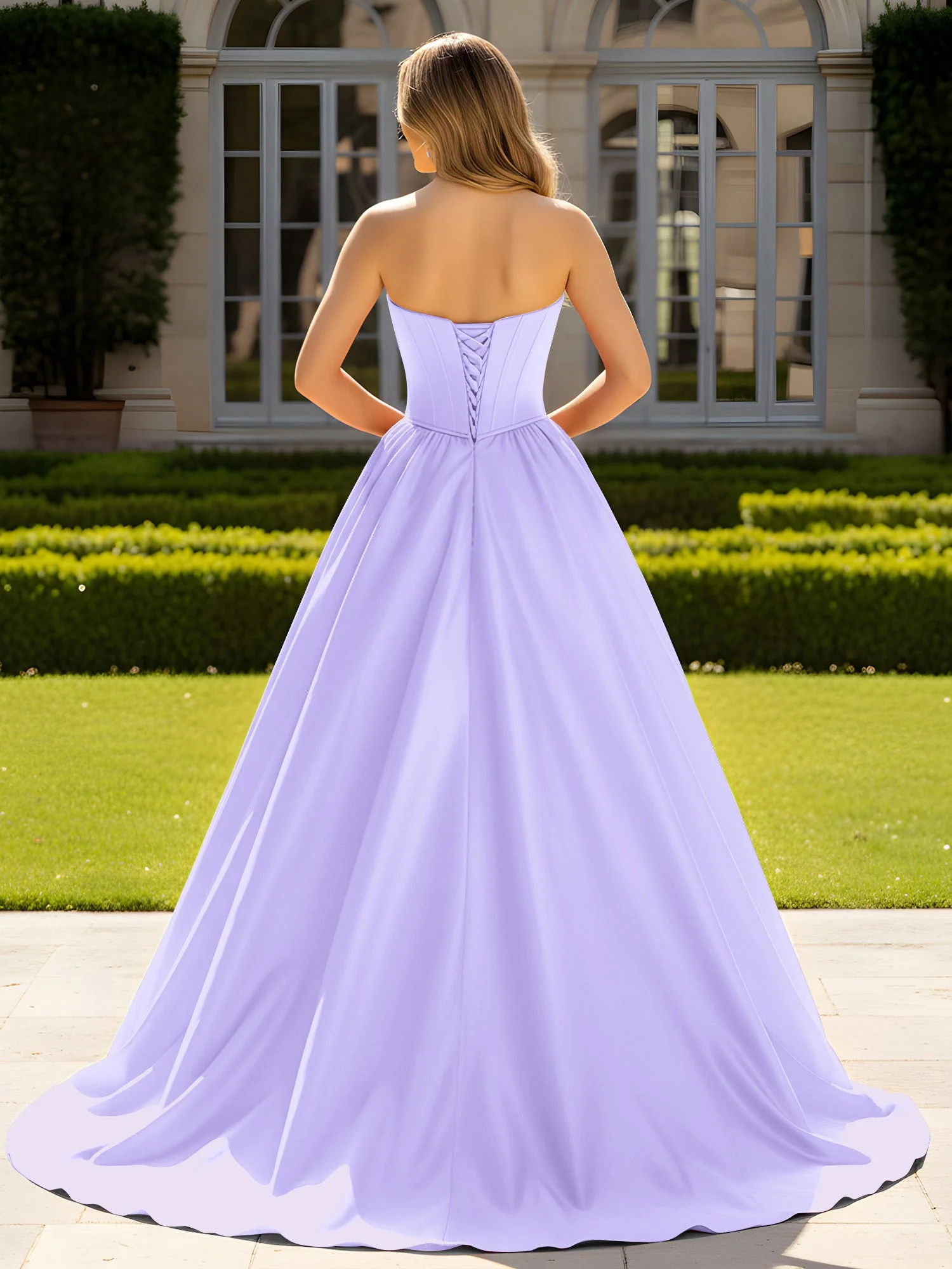 Trägerlos Satin Ballkleid mit Kristall Bustier Detail Lila - Image 2