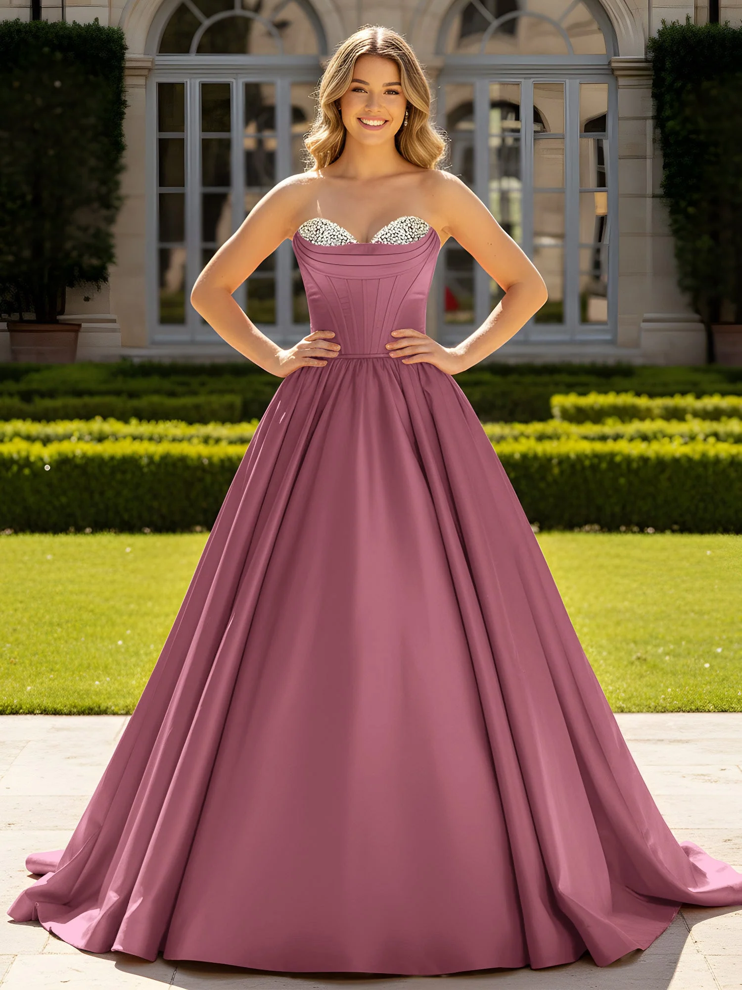 Trägerlos Satin Ballkleid mit Kristall Bustier Detail Maulbeere
