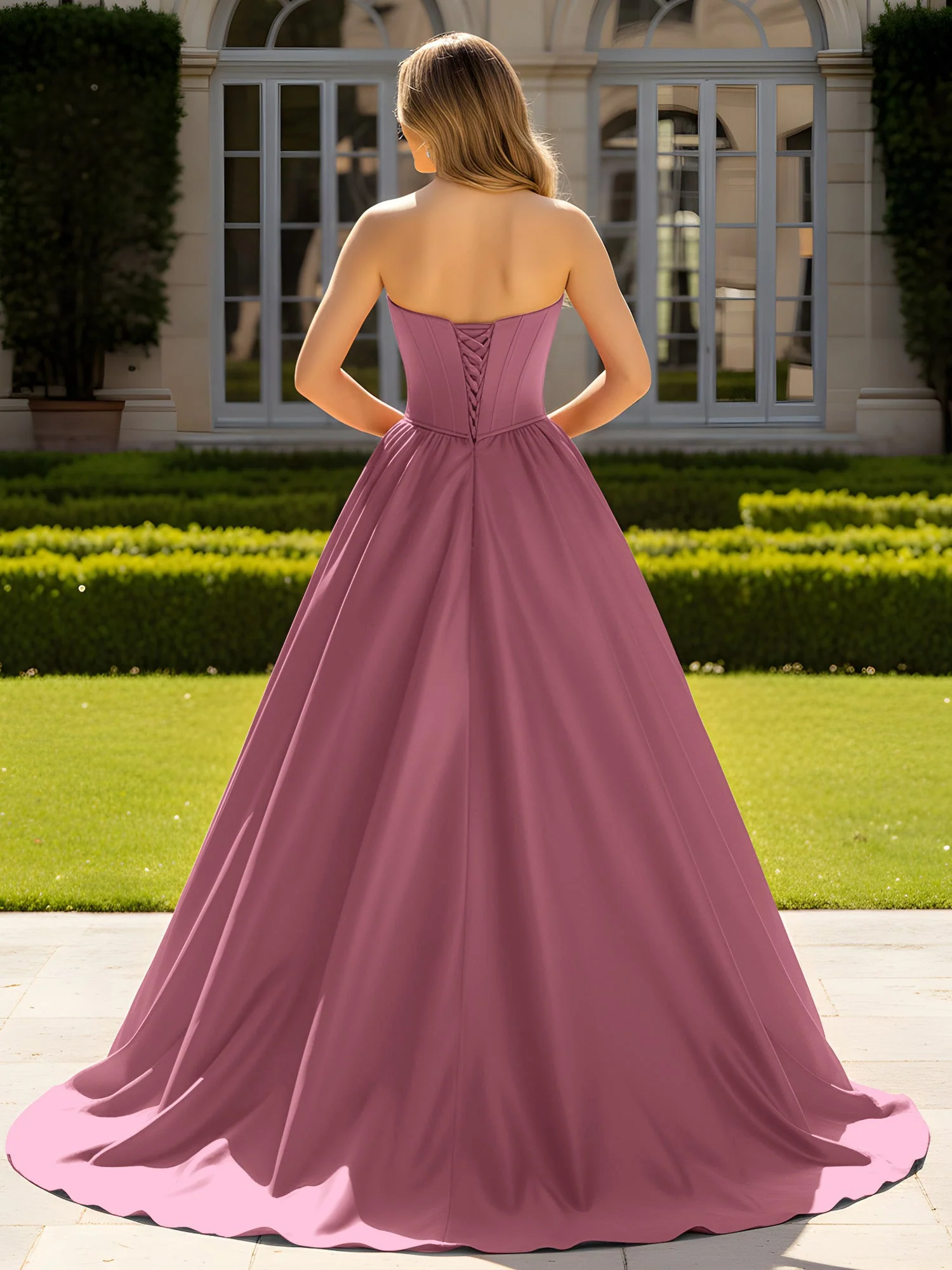 Trägerlos Satin Ballkleid mit Kristall Bustier Detail Maulbeere - Image 2