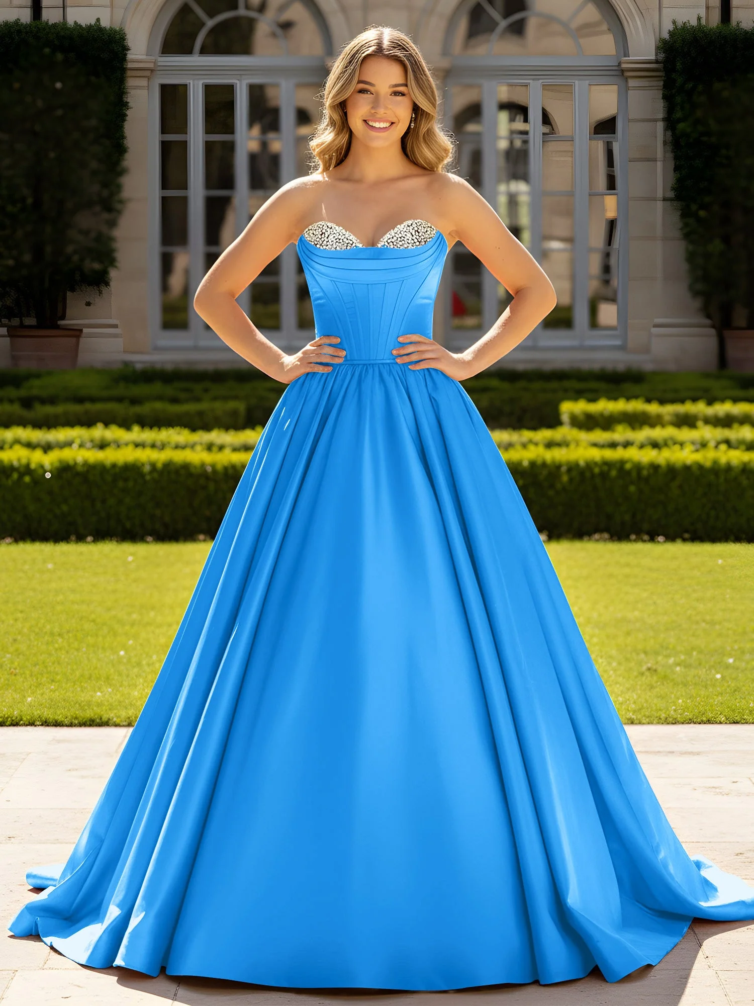 Trägerlos Satin Ballkleid mit Kristall Bustier Detail Meerblau
