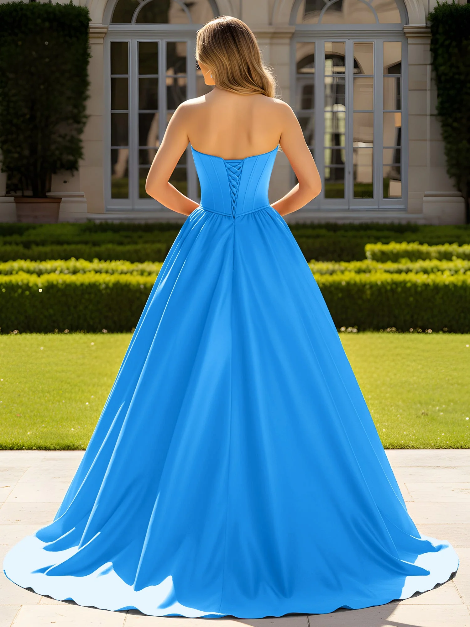 Trägerlos Satin Ballkleid mit Kristall Bustier Detail Meerblau - Image 2