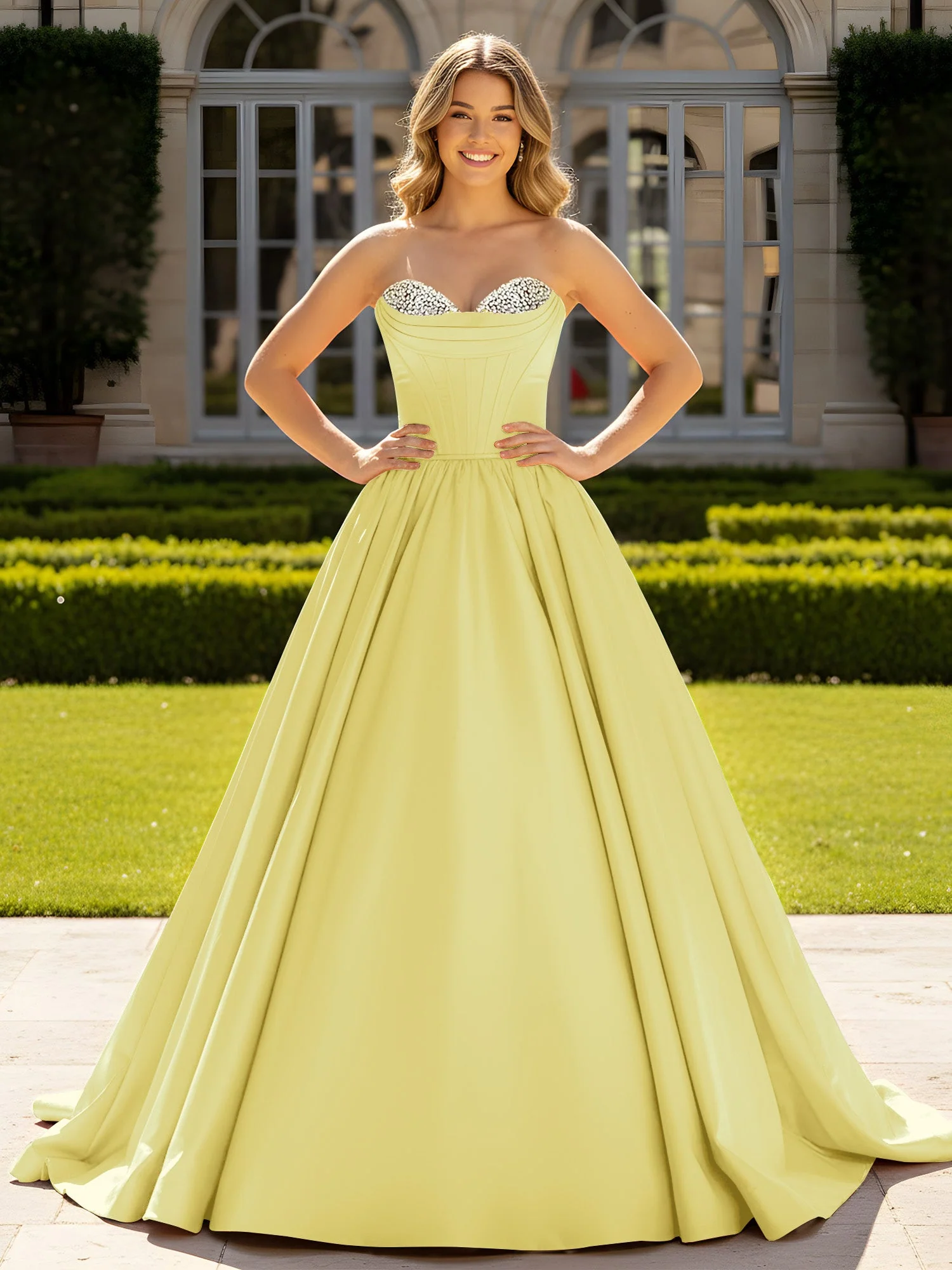 Trägerlos Satin Ballkleid mit Kristall Bustier Detail Narzisse