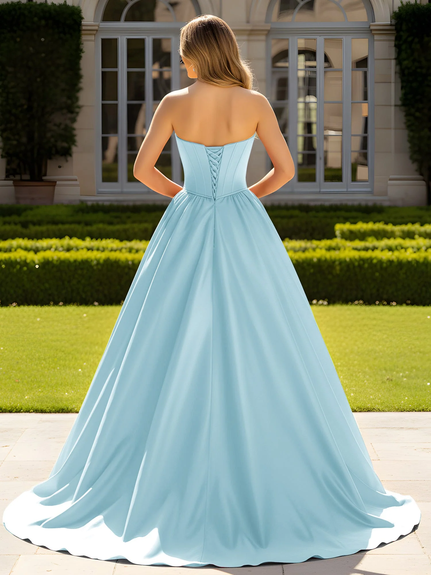 Trägerlos Satin Ballkleid mit Kristall Bustier Detail Nebel - Image 2