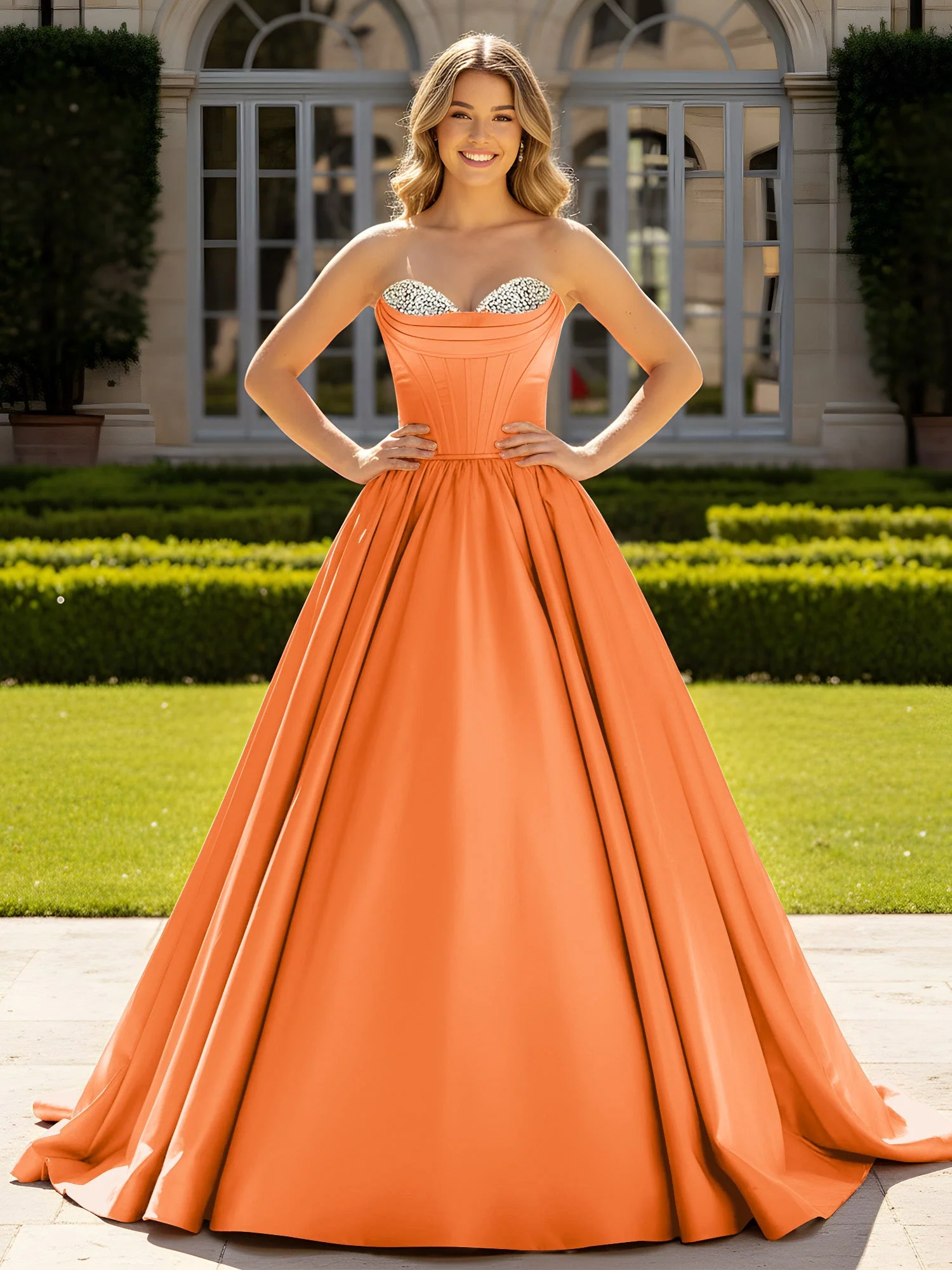 Trägerlos Satin Ballkleid mit Kristall Bustier Detail Orange