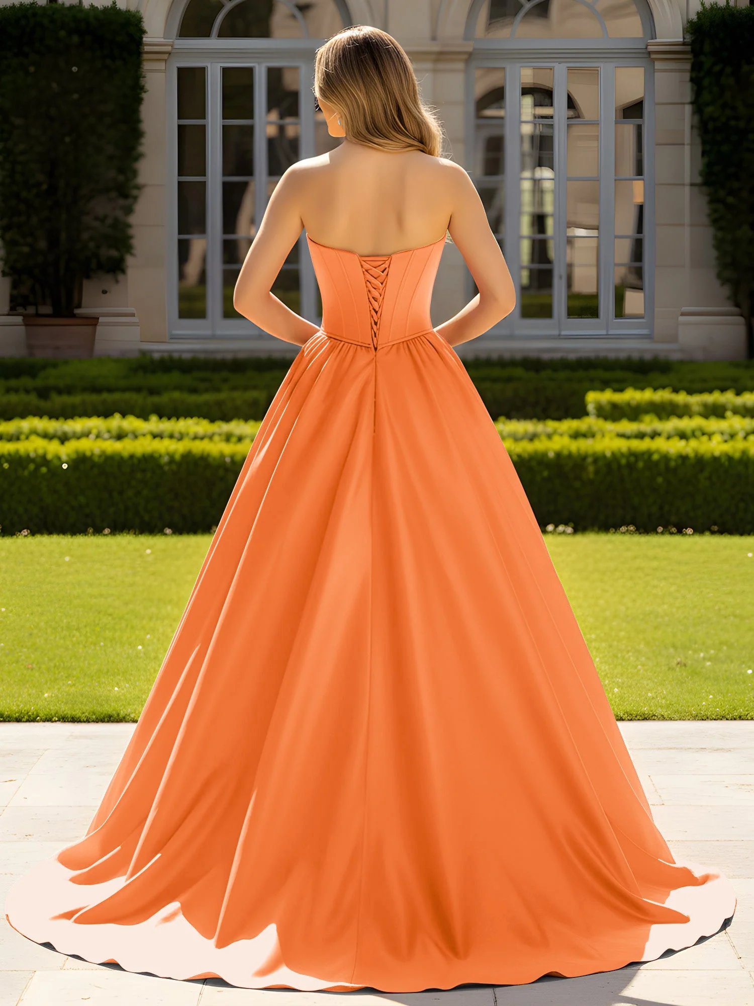 Trägerlos Satin Ballkleid mit Kristall Bustier Detail Orange - Image 2