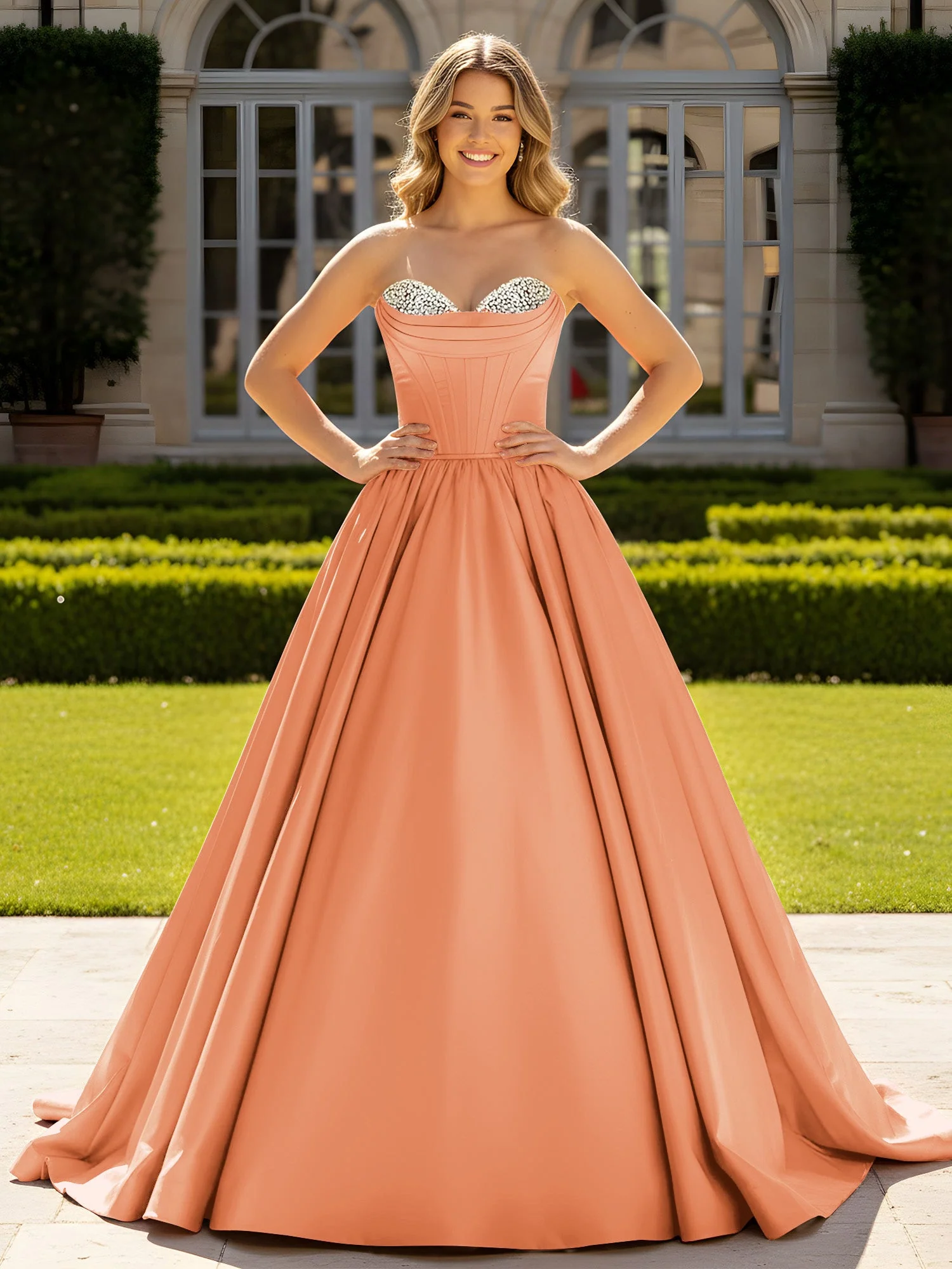 Trägerlos Satin Ballkleid mit Kristall Bustier Detail Papaya
