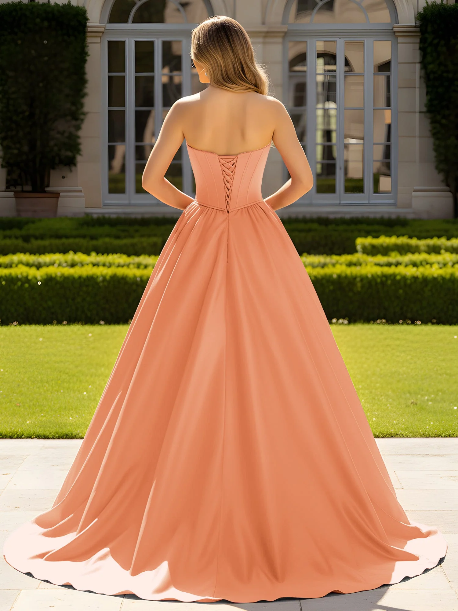 Trägerlos Satin Ballkleid mit Kristall Bustier Detail Papaya - Image 2
