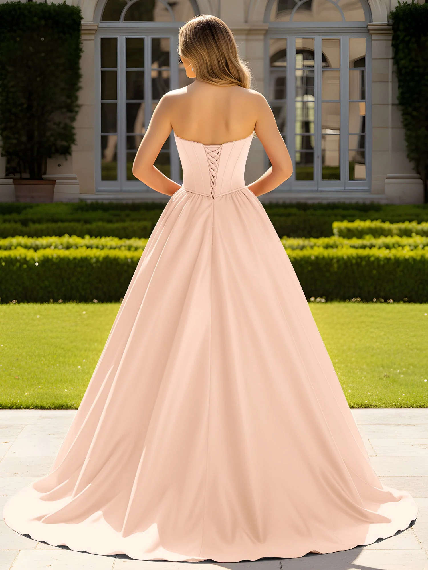 Trägerlos Satin Ballkleid mit Kristall Bustier Detail Pfirsich - Image 2