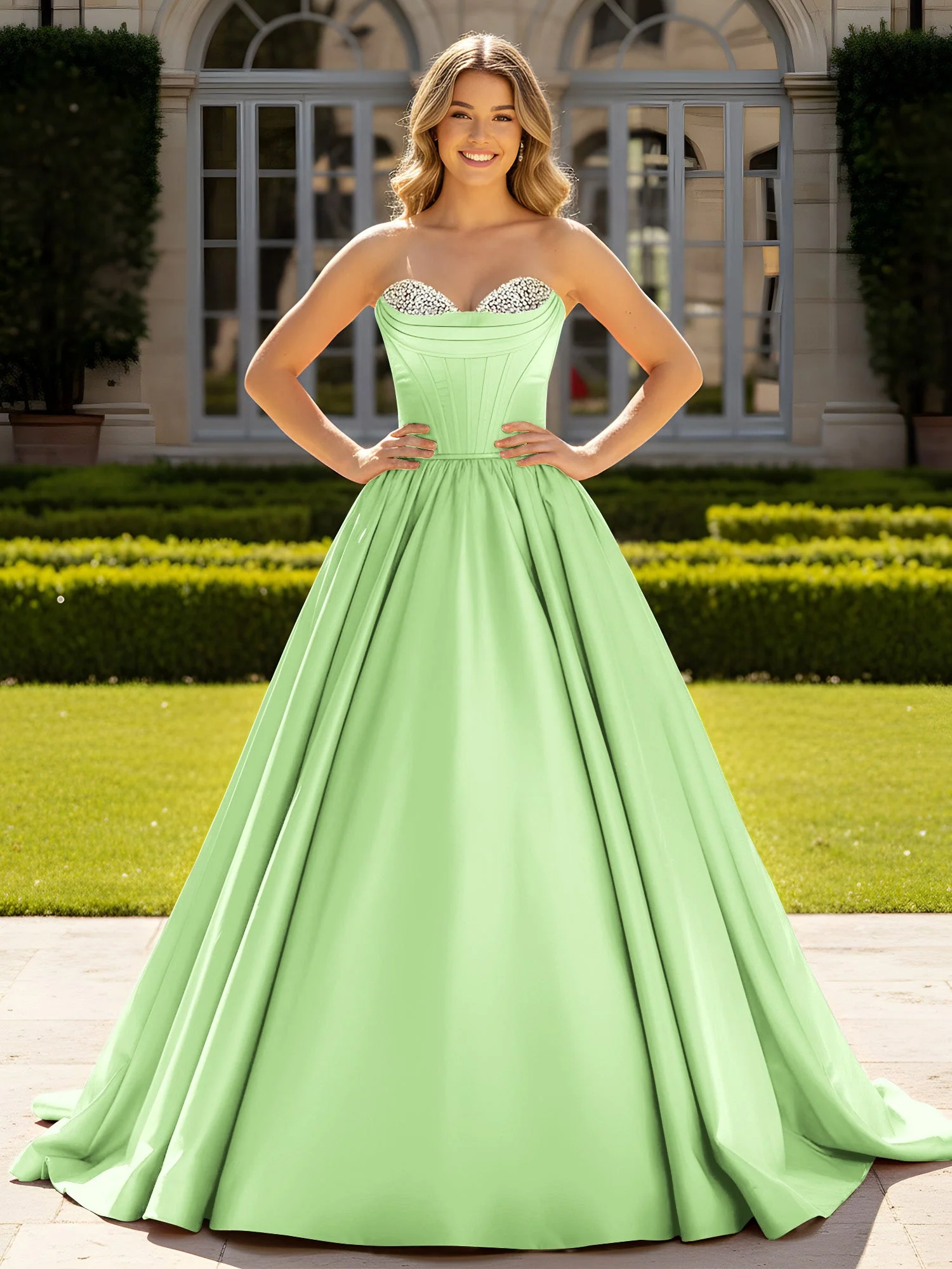Trägerlos Satin Ballkleid mit Kristall Bustier Detail Salbei