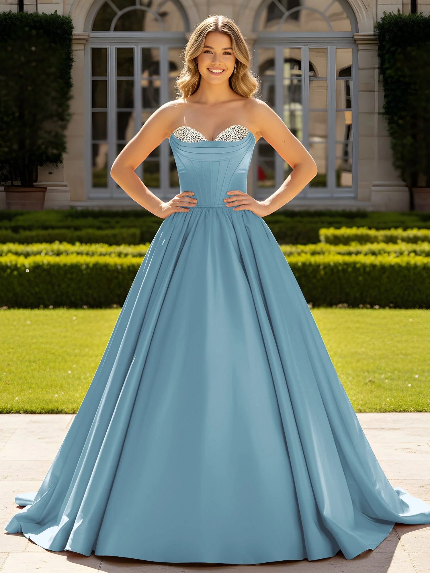 Trägerlos Satin Ballkleid mit Kristall Bustier Detail Schiefer Blau