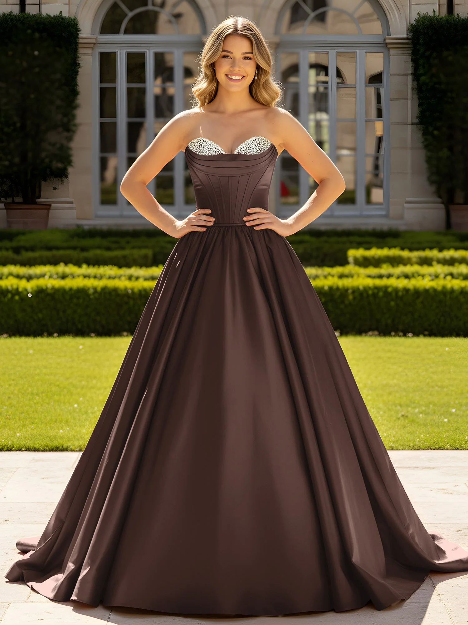 Trägerlos Satin Ballkleid mit Kristall Bustier Detail Schokolade