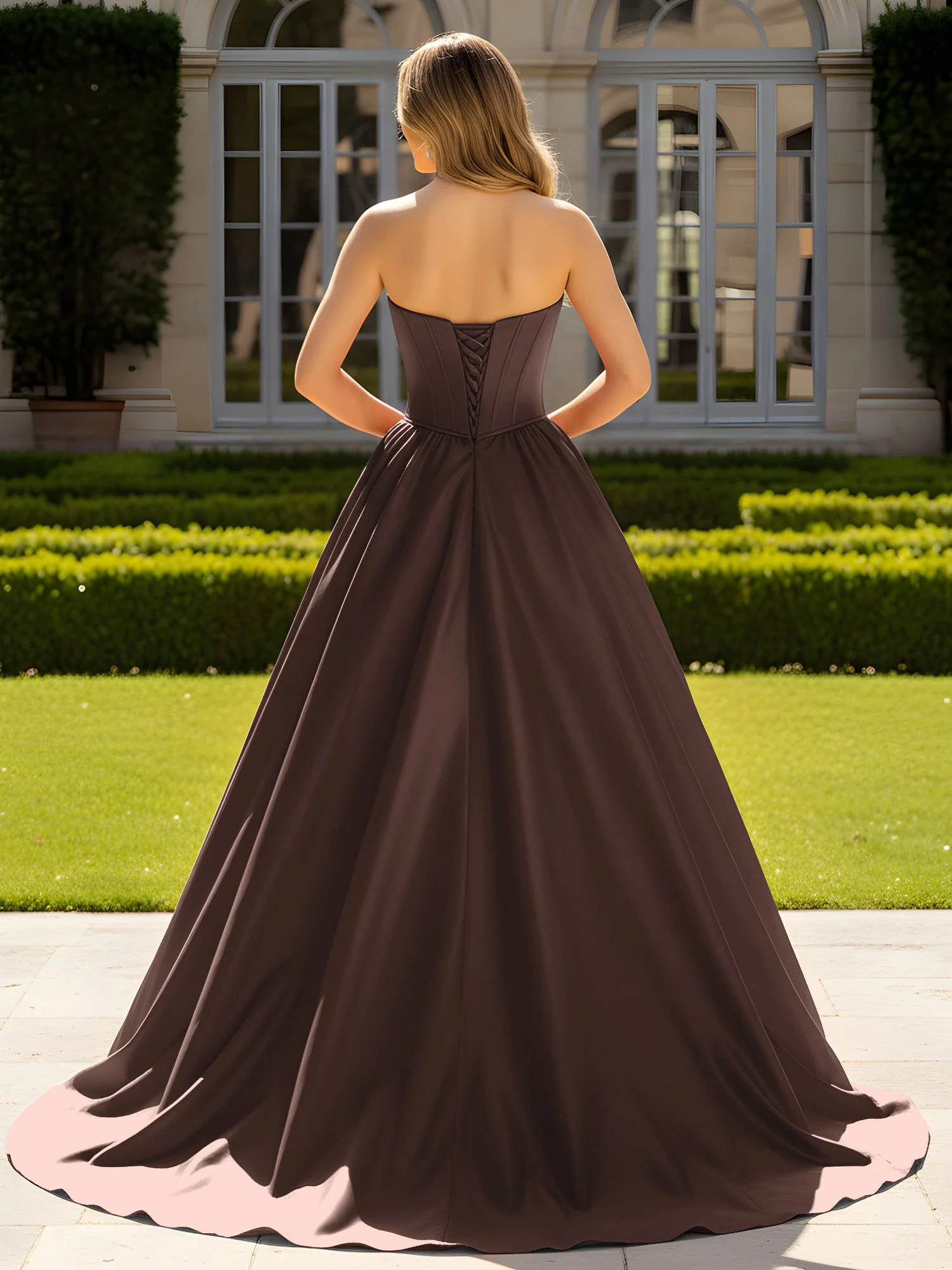 Trägerlos Satin Ballkleid mit Kristall Bustier Detail Schokolade - Image 2