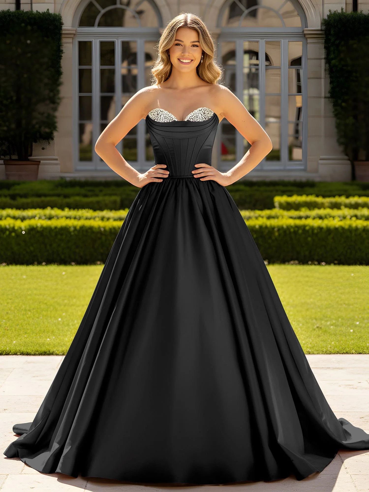Trägerlos Satin Ballkleid mit Kristall Bustier Detail Schwarz