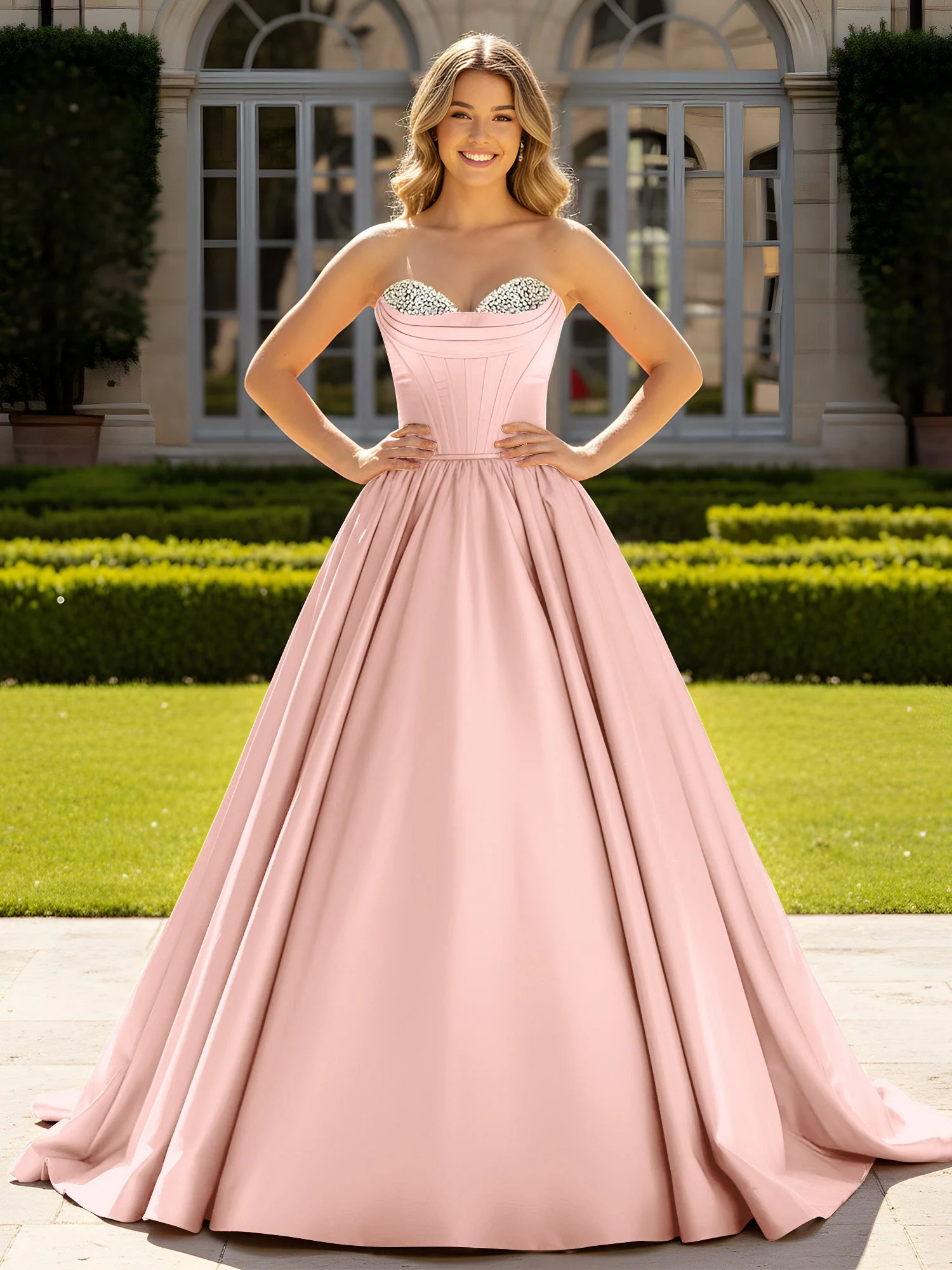 Trägerlos Satin Ballkleid mit Kristall Bustier Detail Staubige Rosa