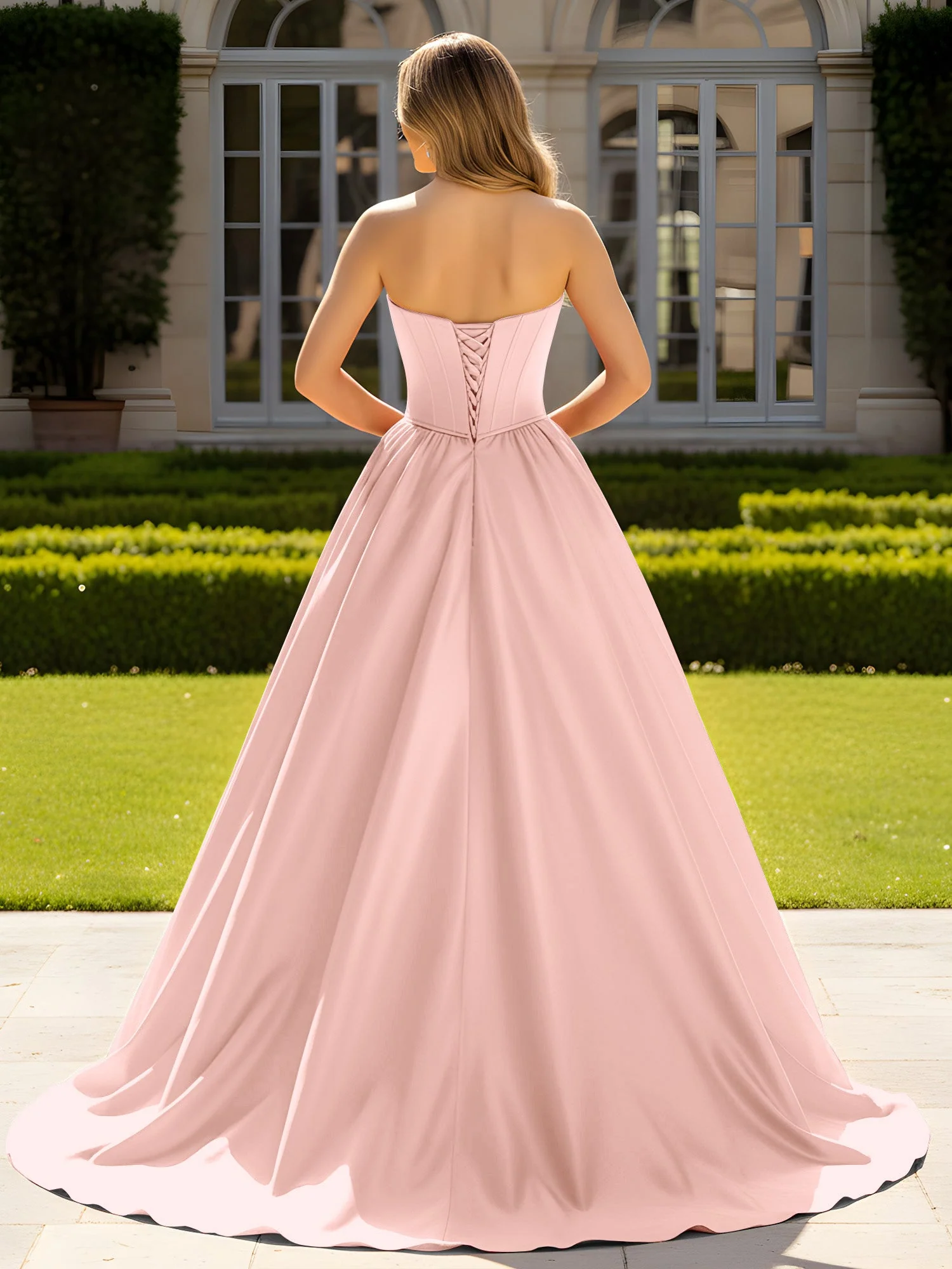 Trägerlos Satin Ballkleid mit Kristall Bustier Detail Staubige Rosa - Image 2