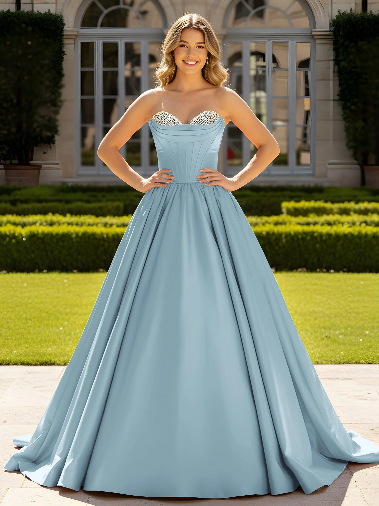 Trägerlos Satin Ballkleid mit Kristall Bustier Detail Staubiges Blau
