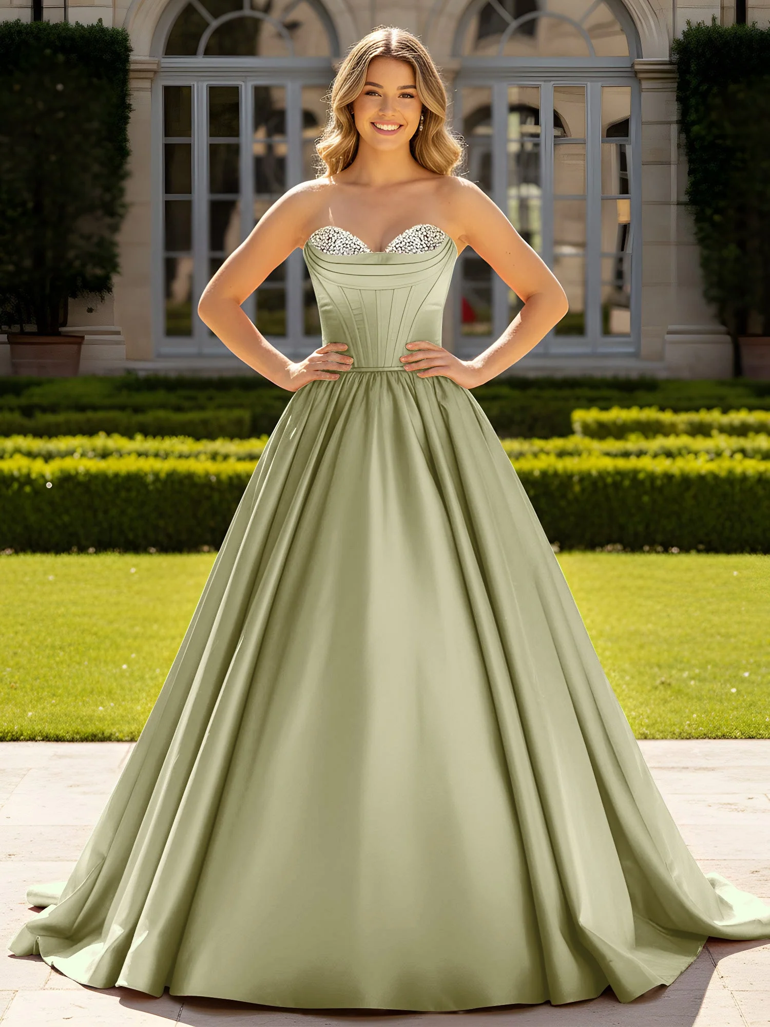 Trägerlos Satin Ballkleid mit Kristall Bustier Detail Staubiges Salbei