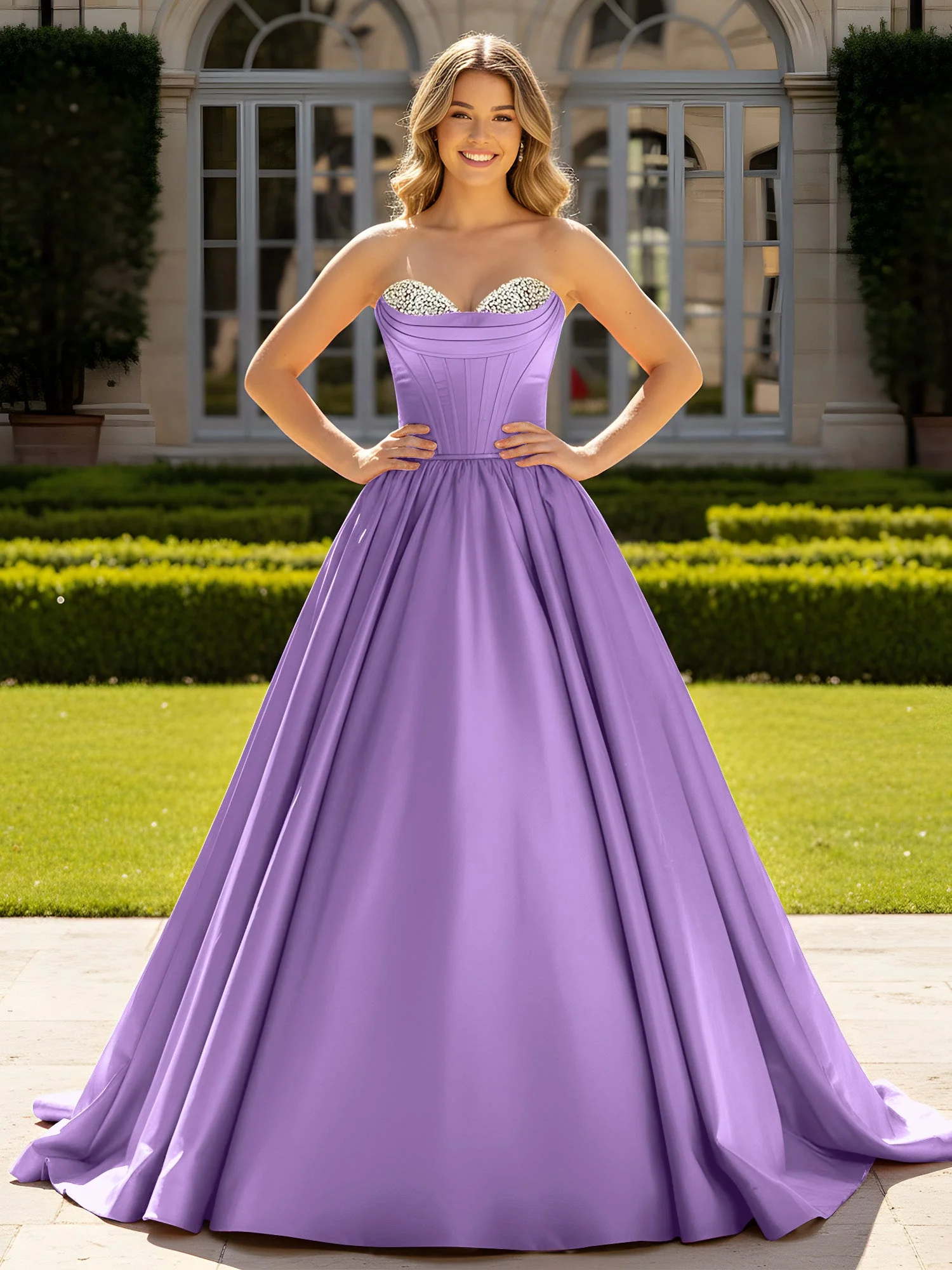 Trägerlos Satin Ballkleid mit Kristall Bustier Detail Tahiti