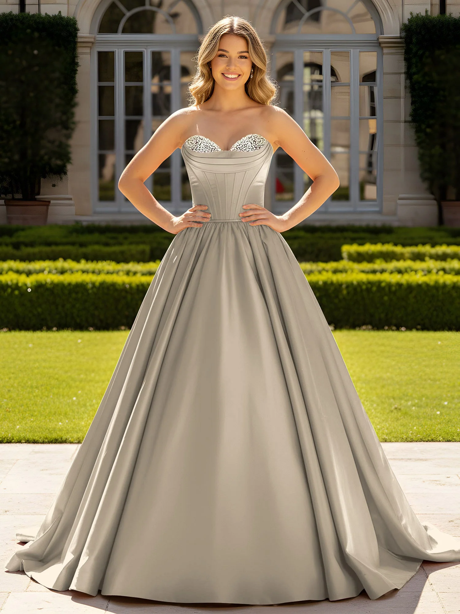 Trägerlos Satin Ballkleid mit Kristall Bustier Detail Taupe