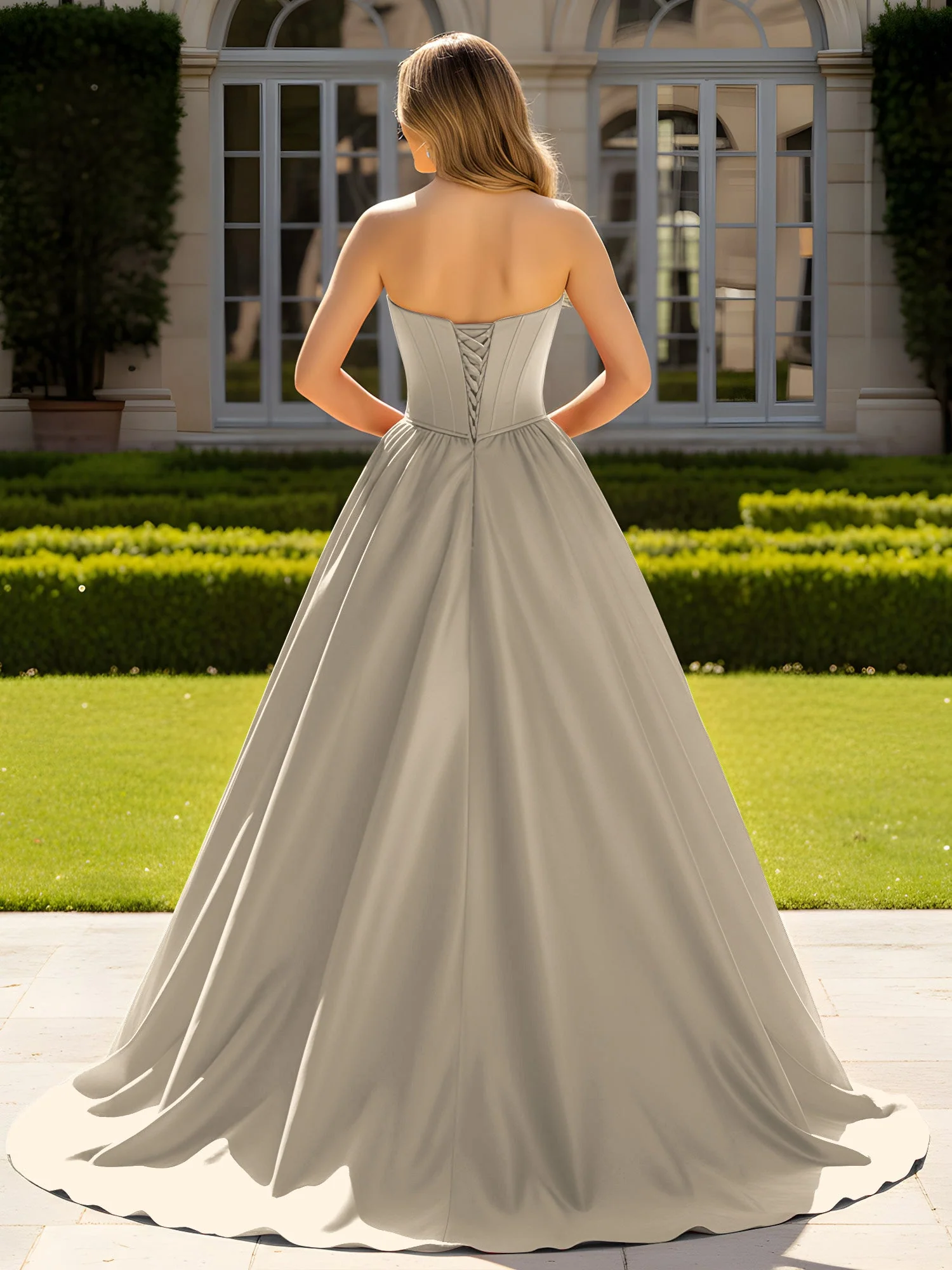 Trägerlos Satin Ballkleid mit Kristall Bustier Detail Taupe - Image 2