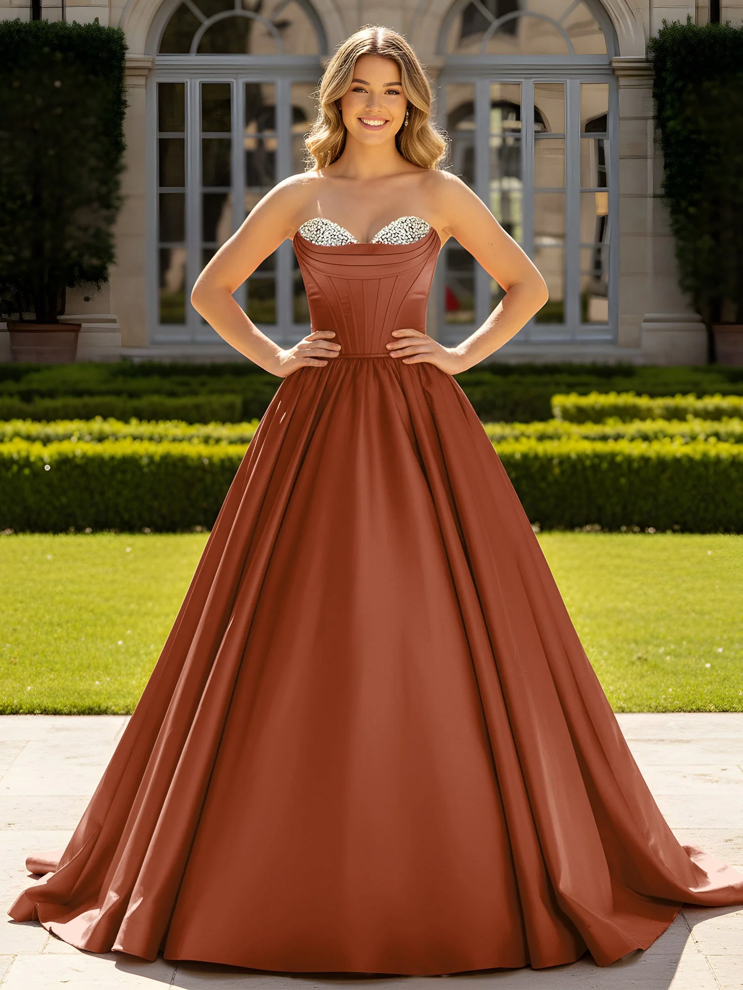Trägerlos Satin Ballkleid mit Kristall Bustier Detail Terrakotta