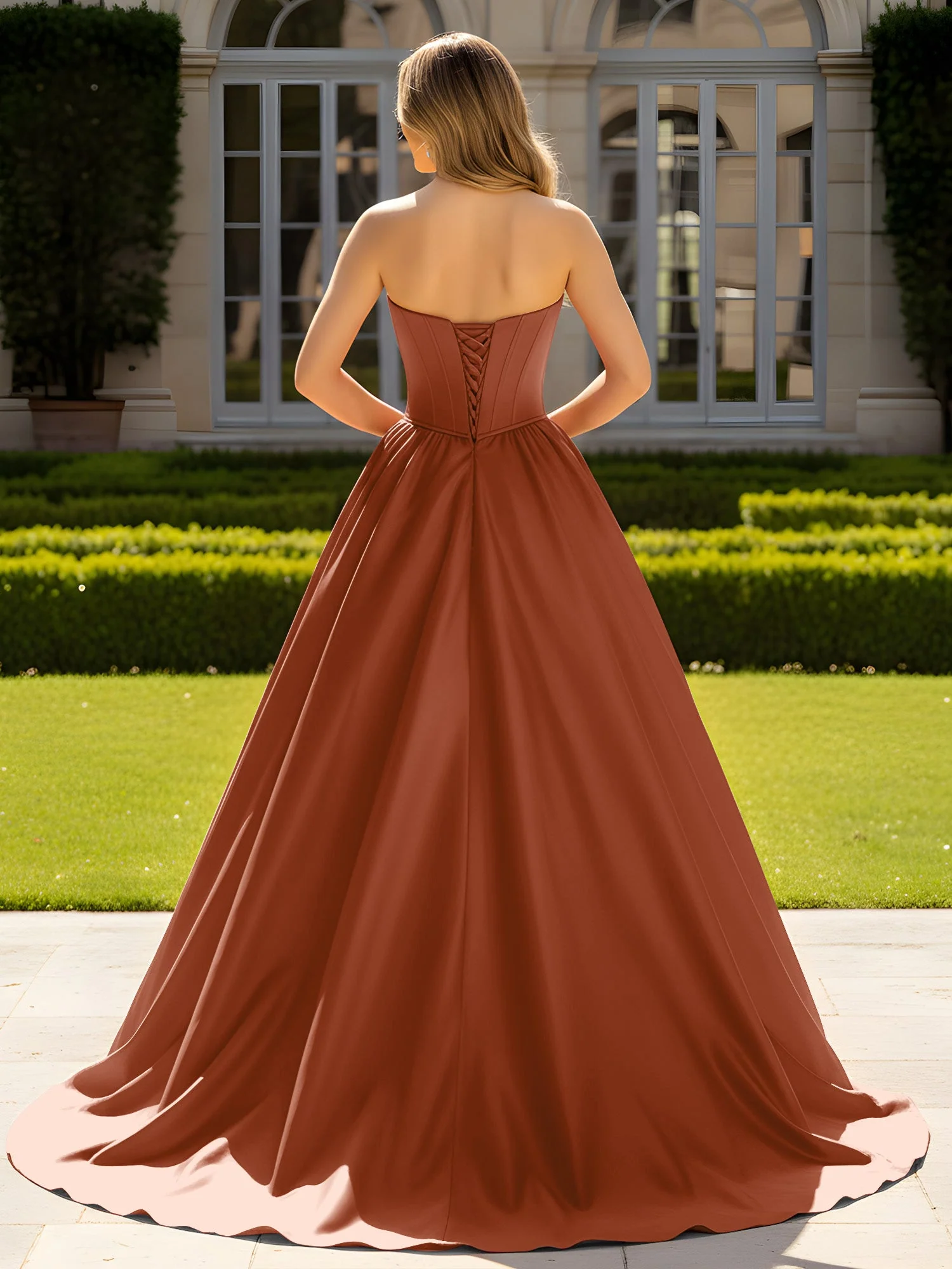 Trägerlos Satin Ballkleid mit Kristall Bustier Detail Terrakotta - Image 2