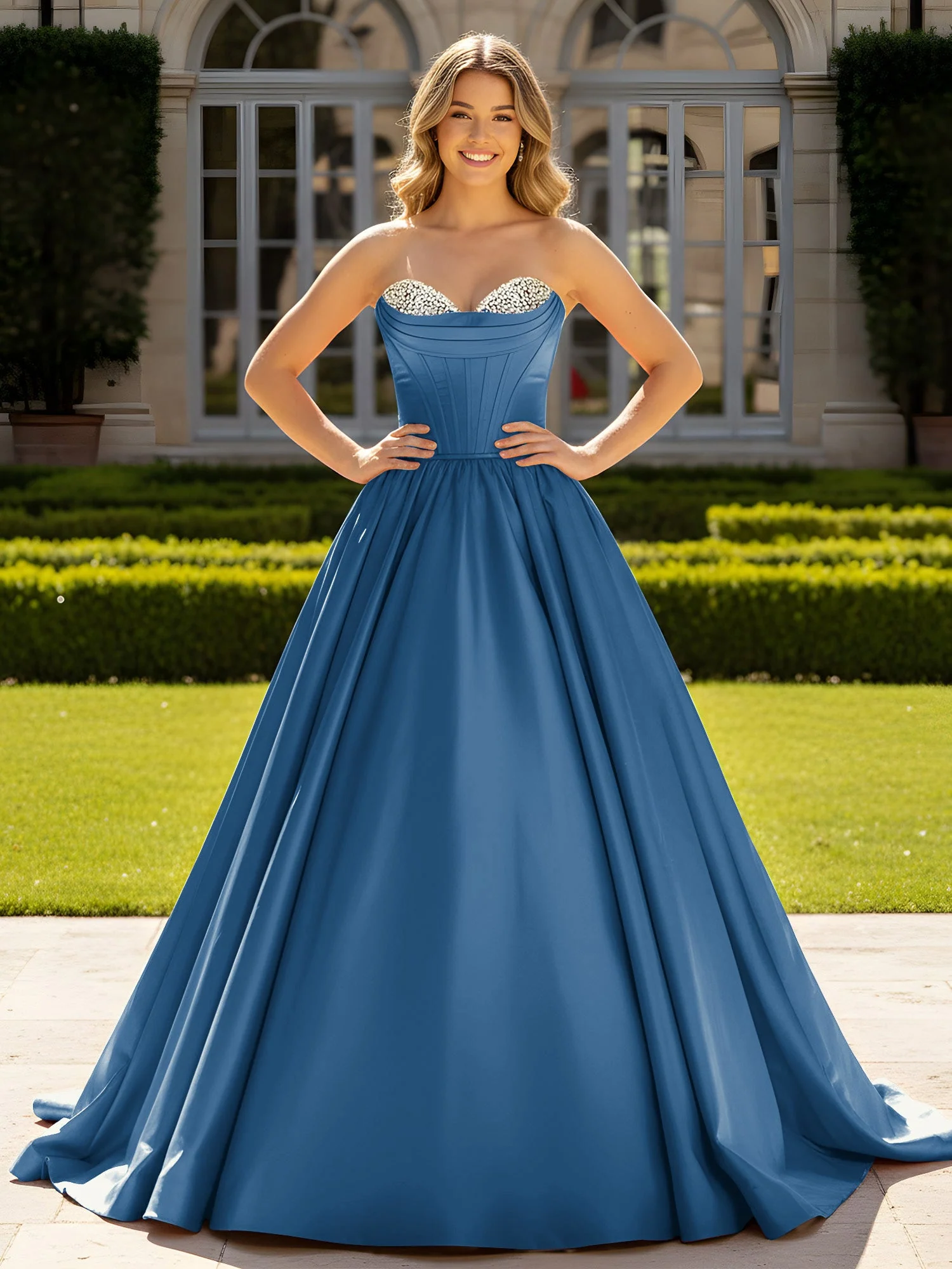 Trägerlos Satin Ballkleid mit Kristall Bustier Detail Tinte Blau