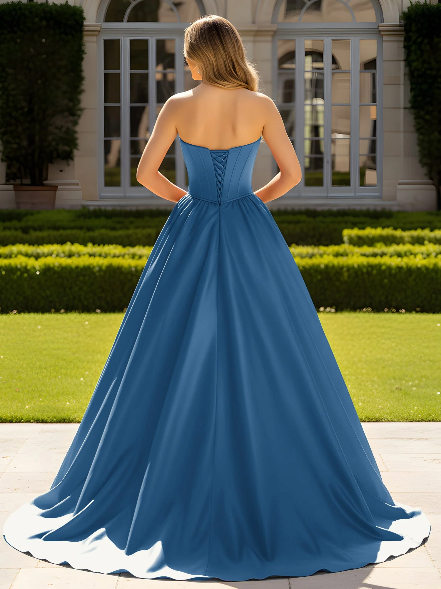 Trägerlos Satin Ballkleid mit Kristall Bustier Detail Tinte Blau - Image 2