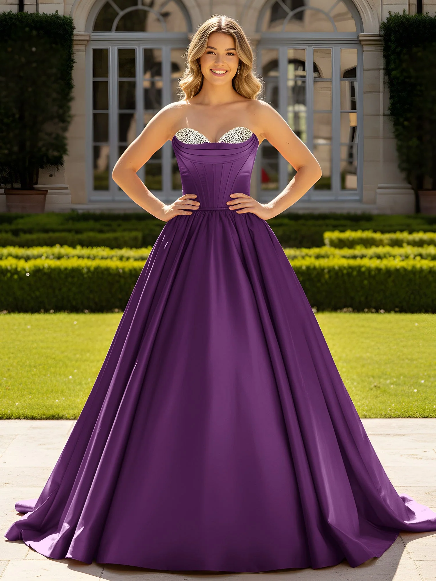 Trägerlos Satin Ballkleid mit Kristall Bustier Detail Traube
