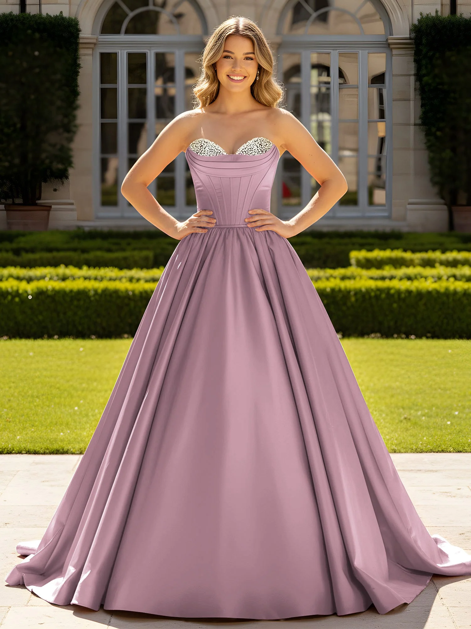 Trägerlos Satin Ballkleid mit Kristall Bustier Detail Vintage Mauve