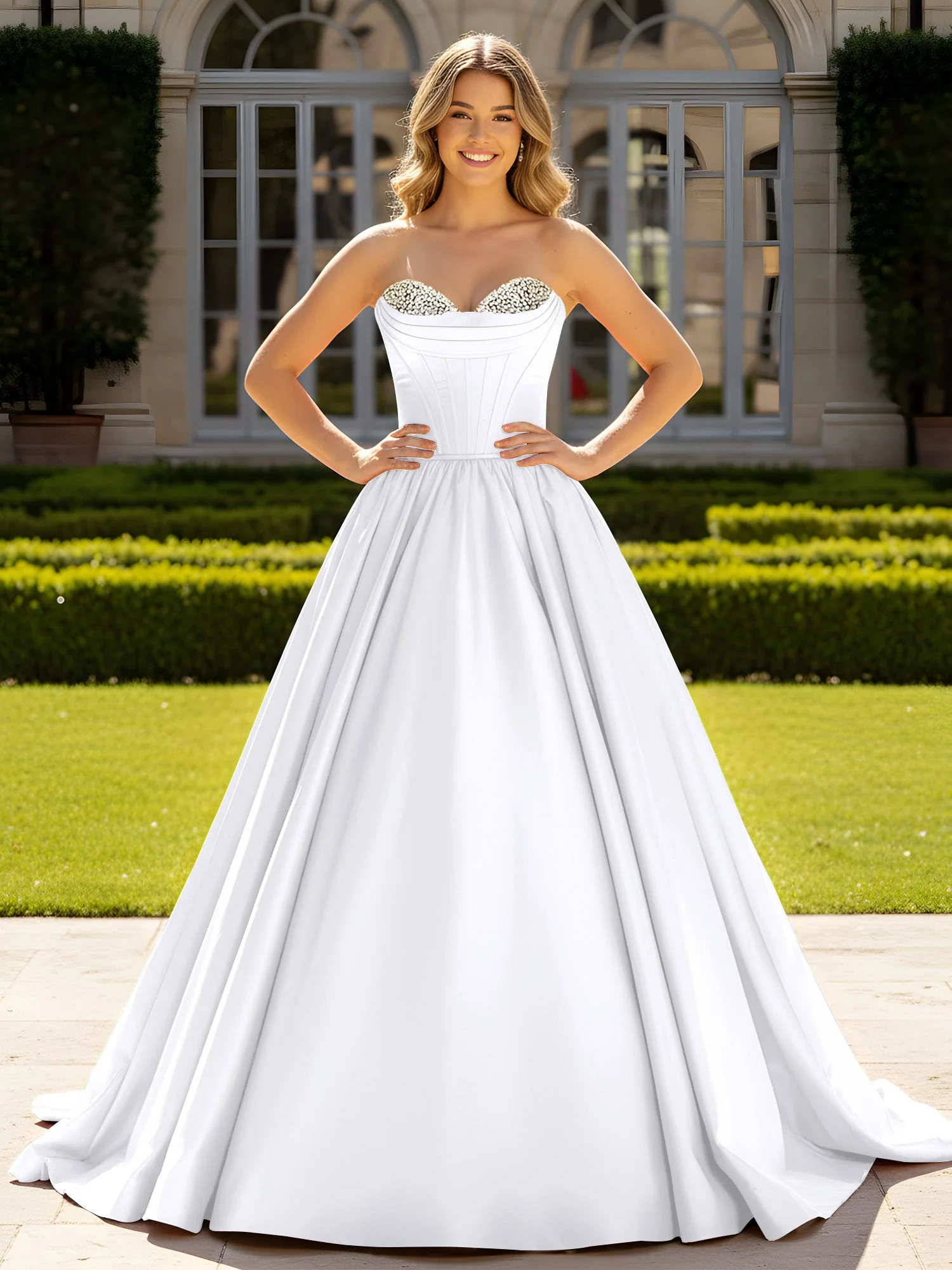 Trägerlos Satin Ballkleid mit Kristall Bustier Detail Weiß