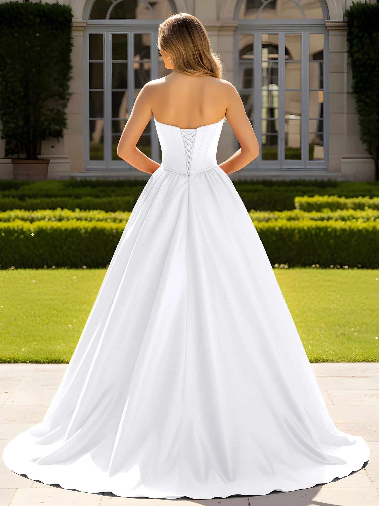 Trägerlos Satin Ballkleid mit Kristall Bustier Detail Weiß - Image 2