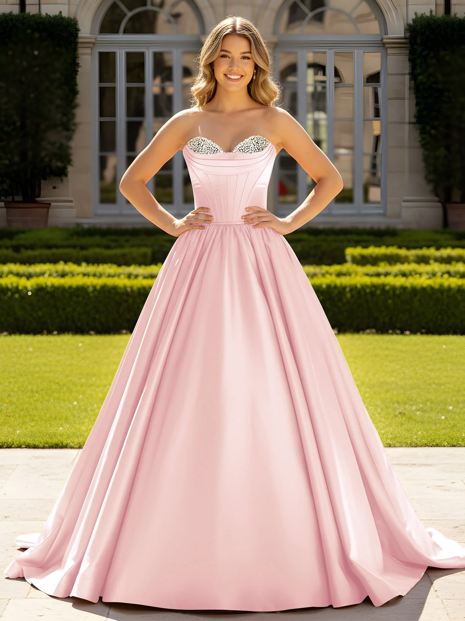 Trägerlos Satin Ballkleid mit Kristall Bustier Detail Zartrosa