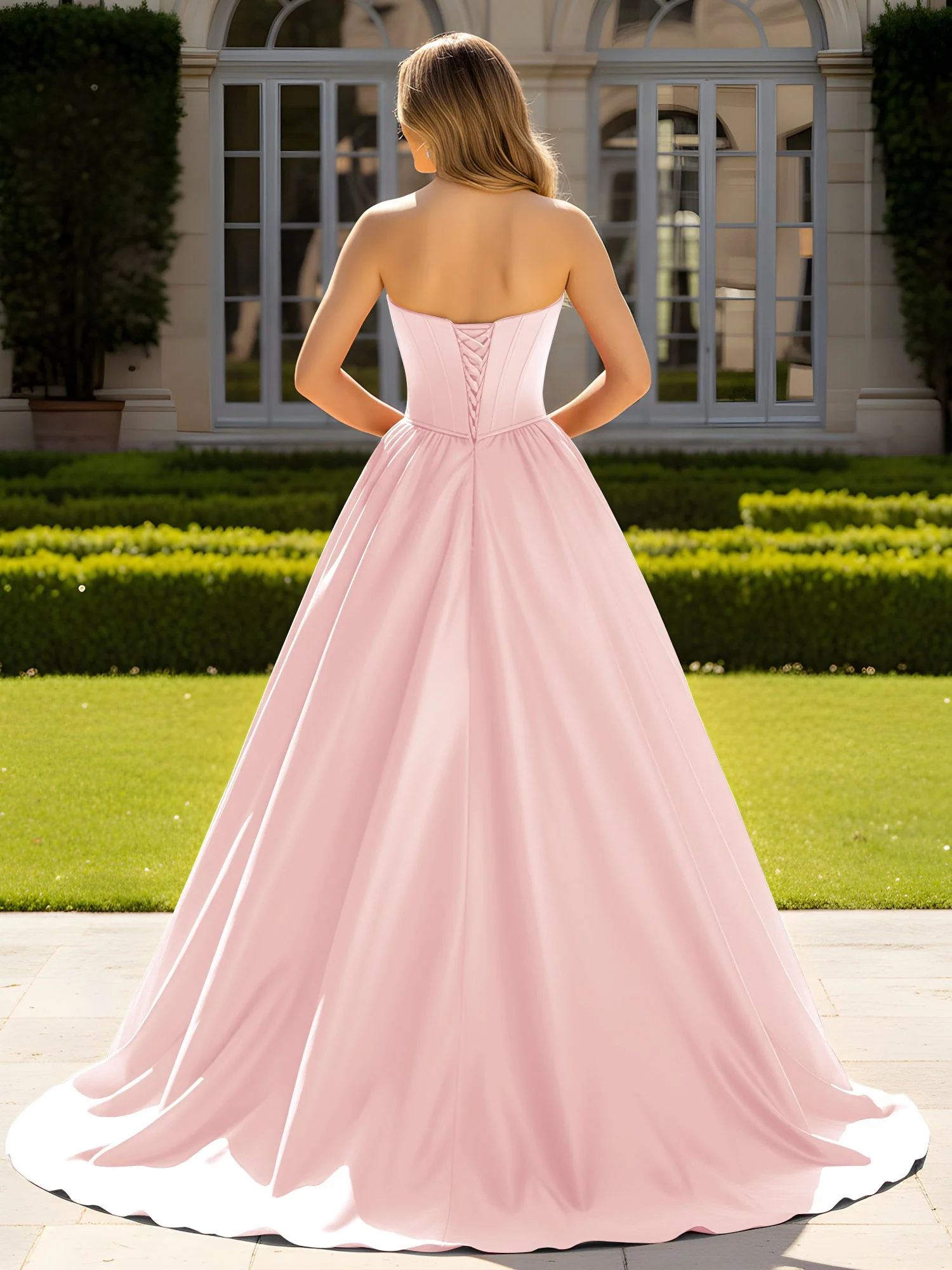 Trägerlos Satin Ballkleid mit Kristall Bustier Detail Zartrosa - Image 2