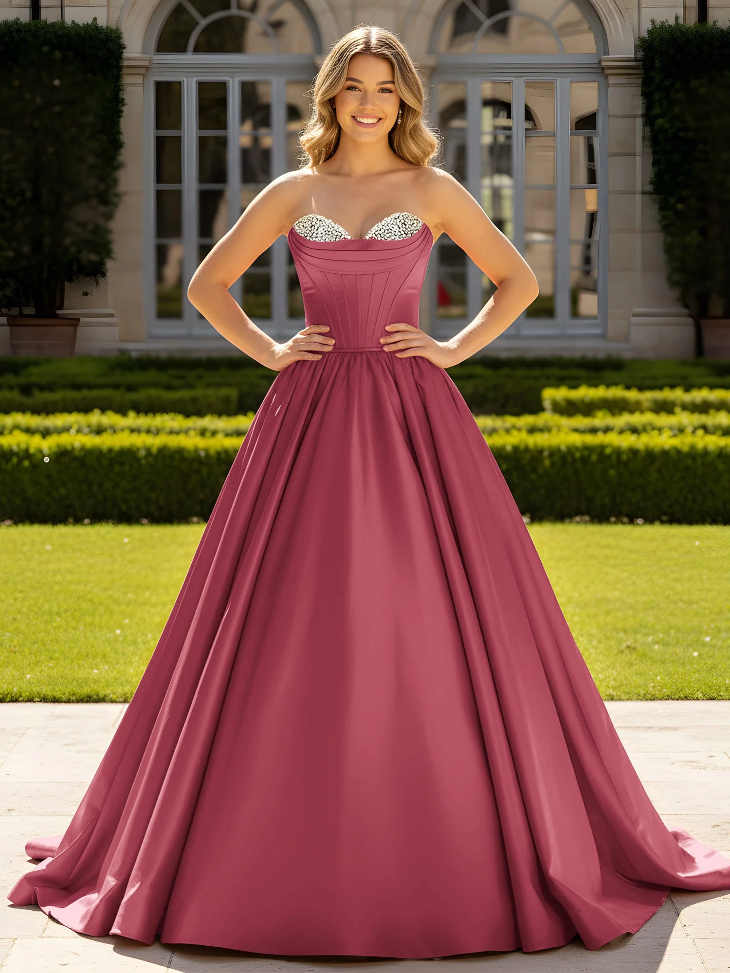Trägerlos Satin Ballkleid mit Kristall Bustier Detail Zimtrose