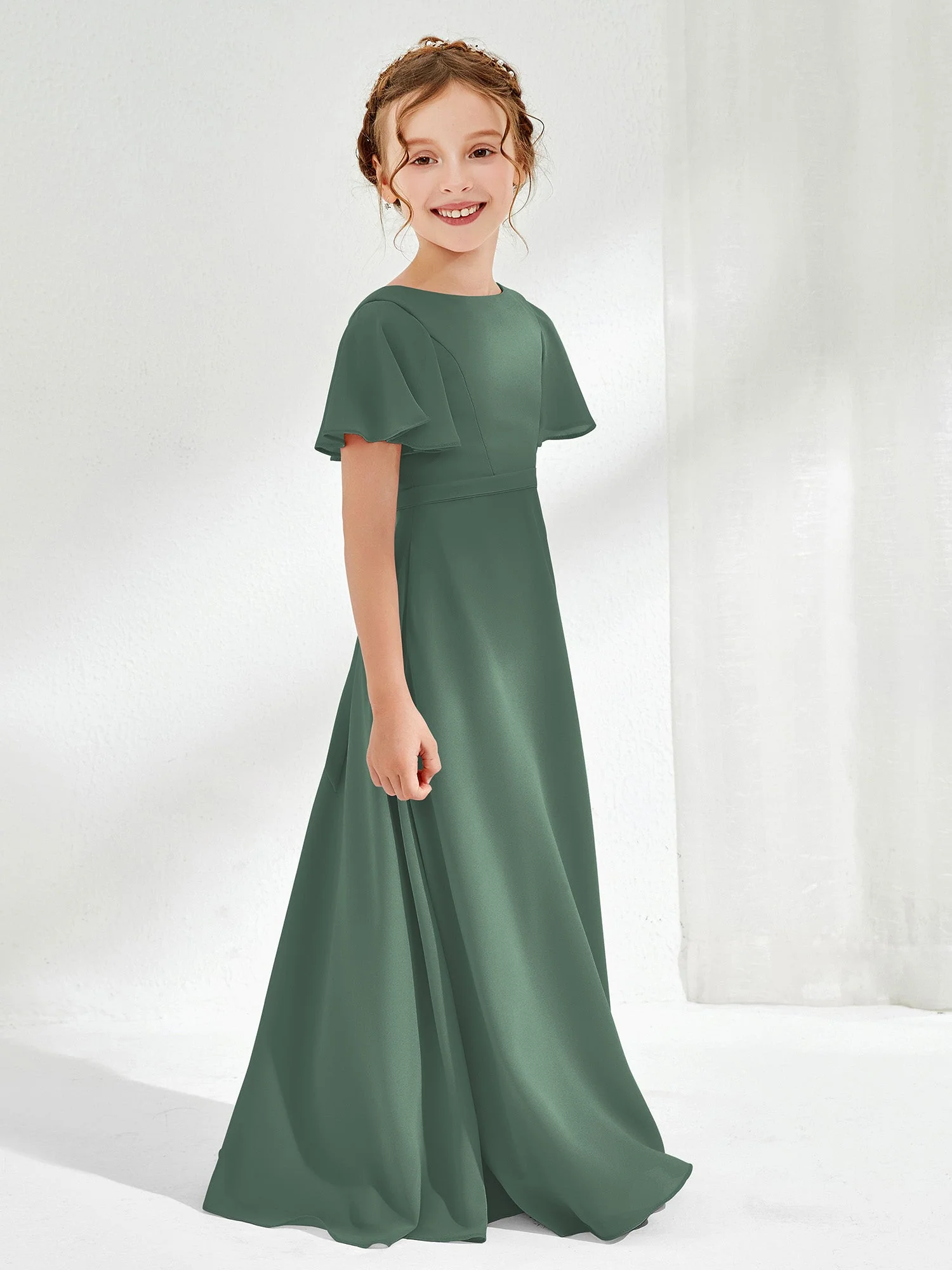 Flügelärmel A-Linie Chiffon Junge Brautjungfernkleider Eukalyptus - Image 3