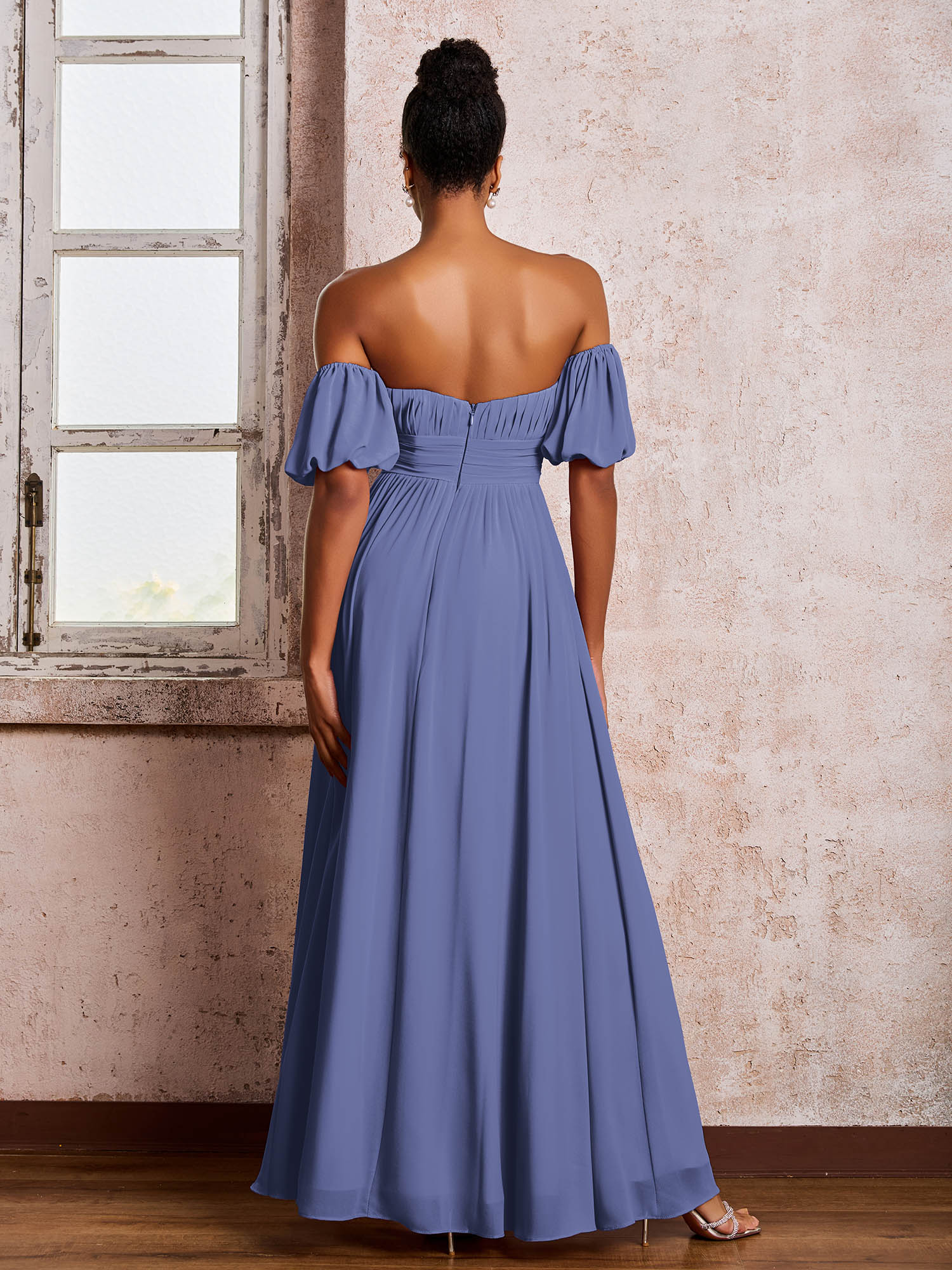 Flügelärmel Quadratisch Chiffon Kleider mit Schlitz Periwinkleblau - Image 2