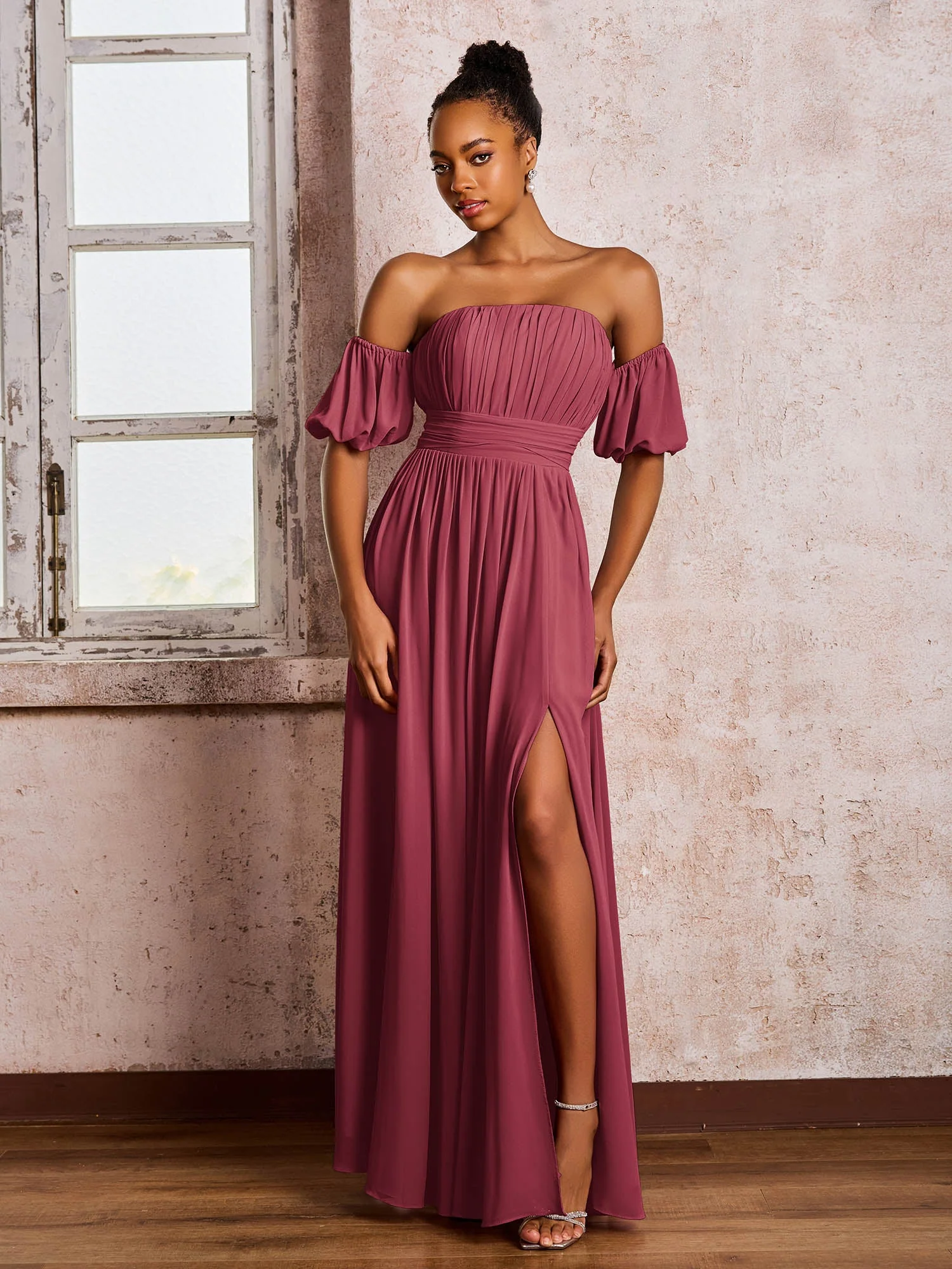 Flügelärmel Quadratisch Chiffon Kleider mit Schlitz Zimtrose