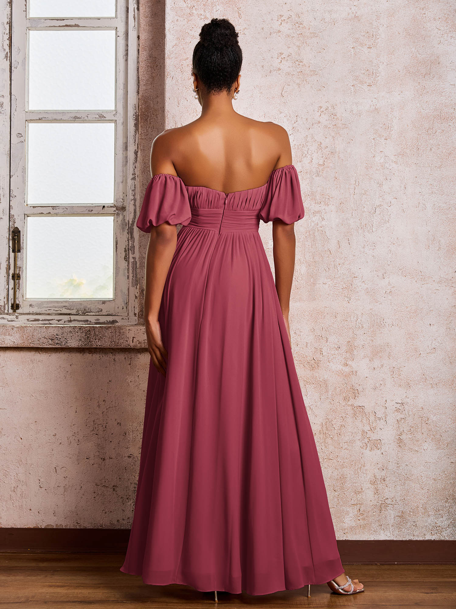 Flügelärmel Quadratisch Chiffon Kleider mit Schlitz Zimtrose - Image 2