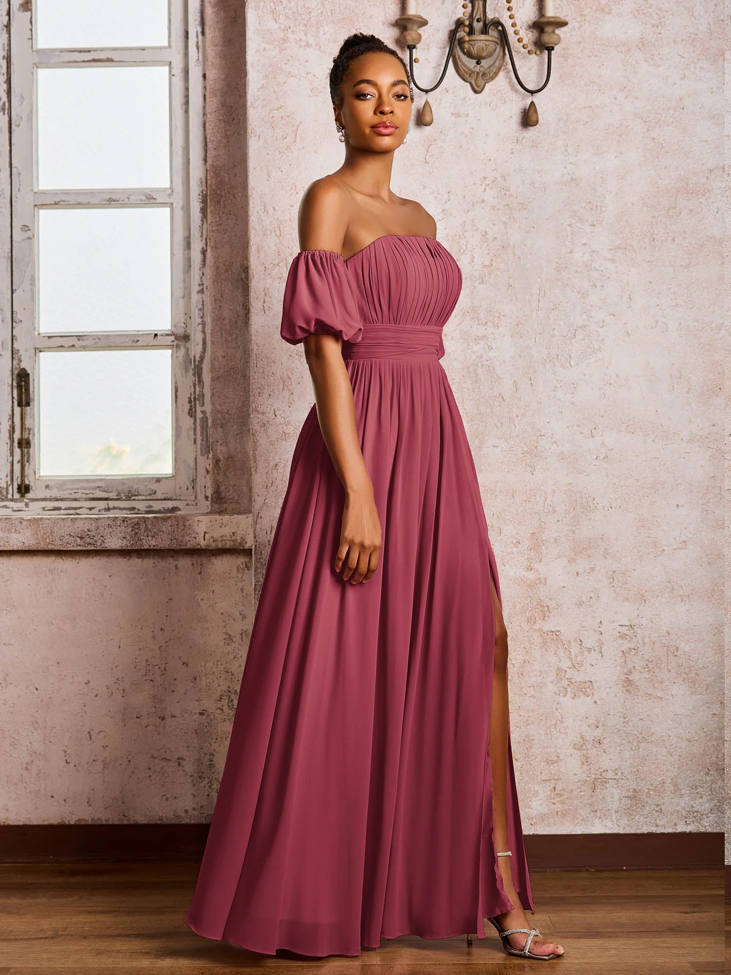 Flügelärmel Quadratisch Chiffon Kleider mit Schlitz Zimtrose - Image 3