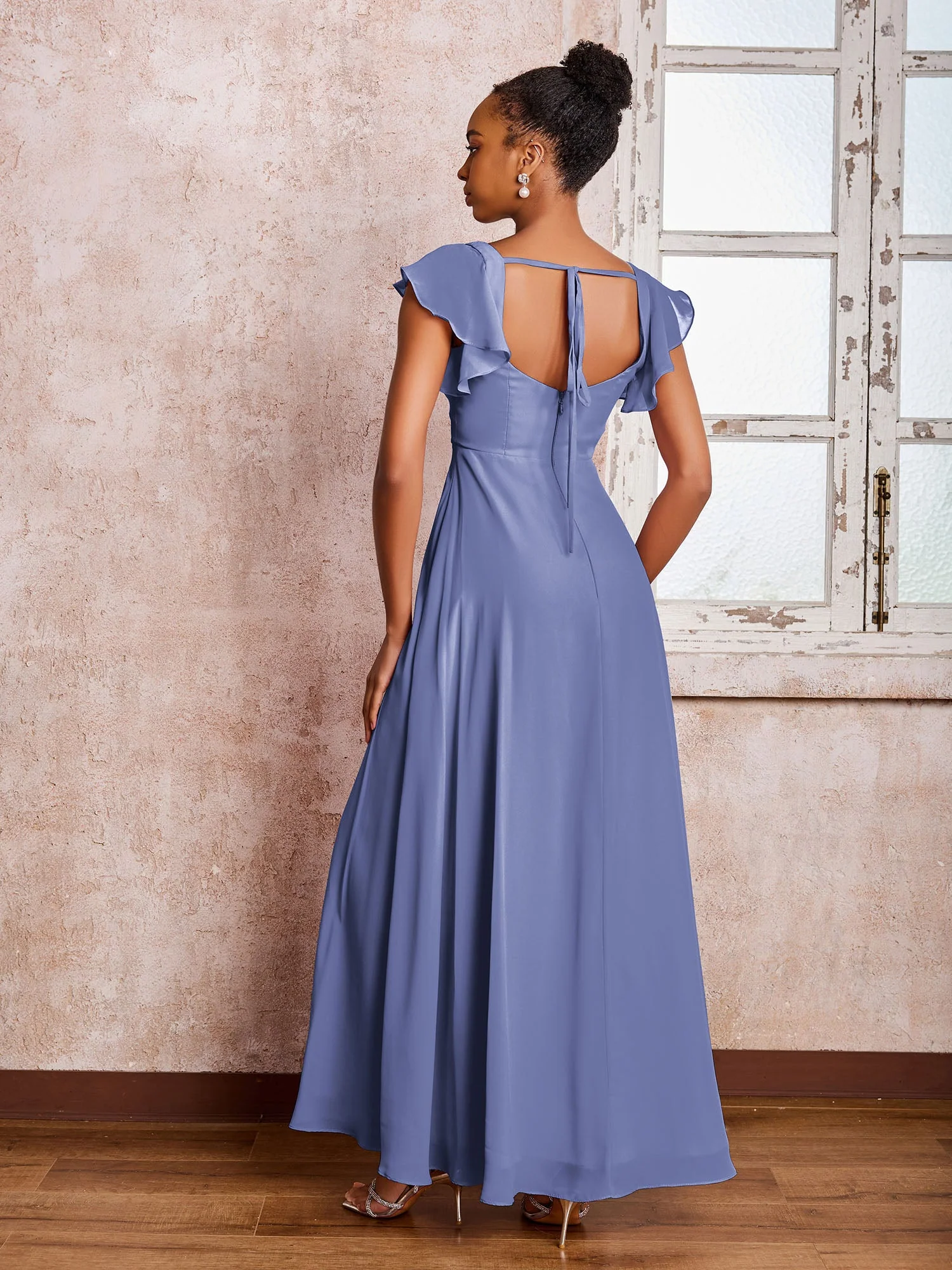 Flügelärmel Quadratisch Rückenfrei Chiffon Kleider mit Schlitz Periwinkleblau - Image 2